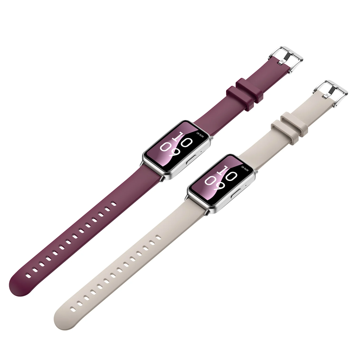 Dos smartwatches con correas. Uno es morado y el otro beige. Las pantallas muestran la hora.