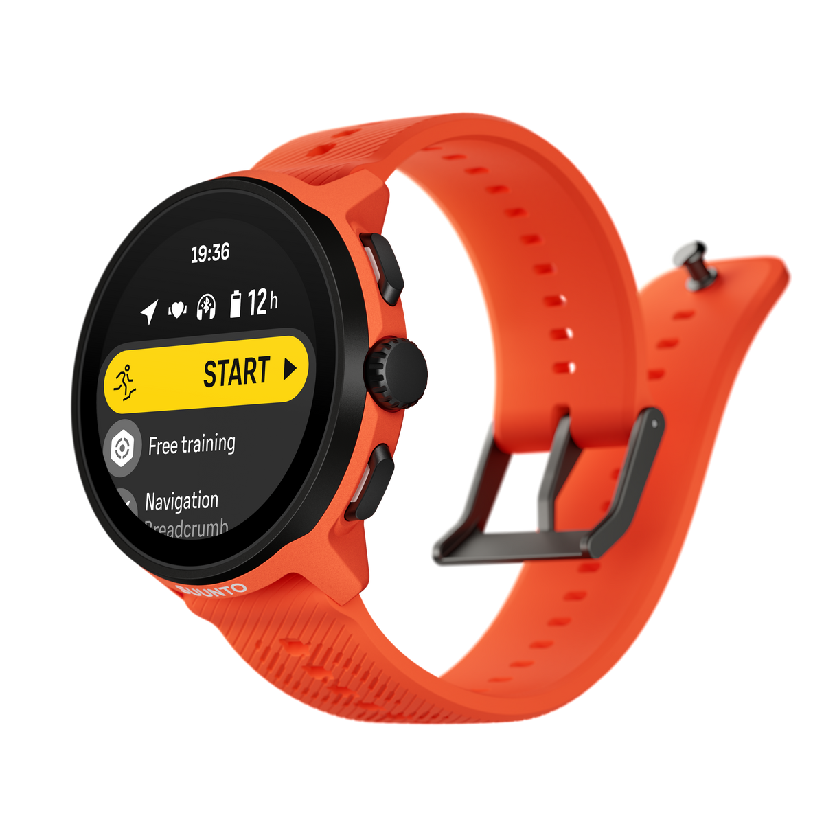 Pomarańczowy smartwatch Suunto pokazuje godzinę i opcje. Zegarek ma pomarańczowy pasek.