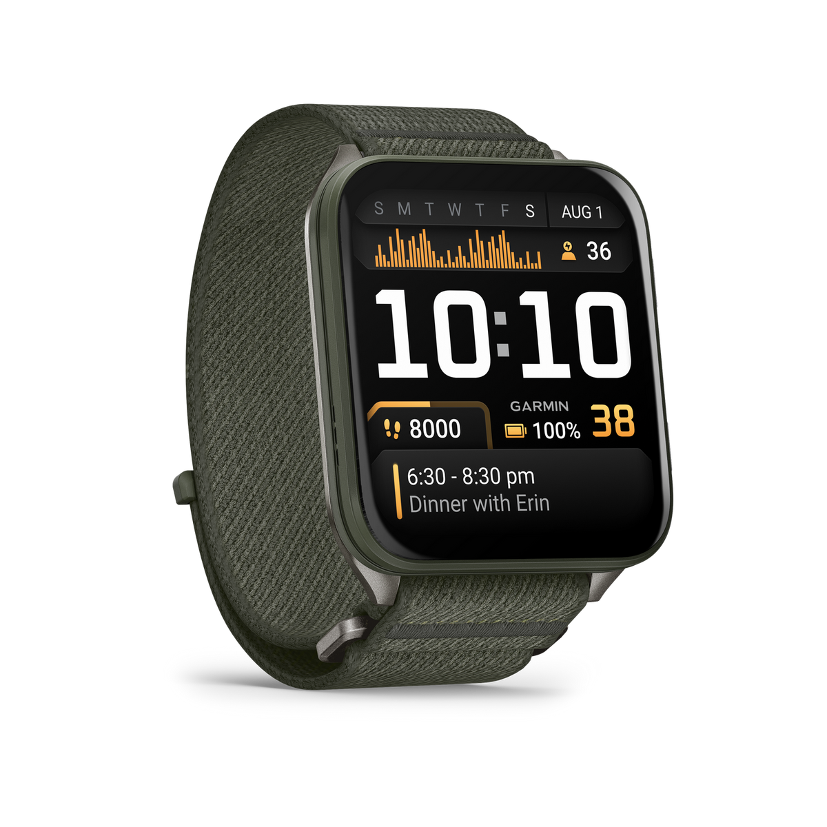 Olivgrüne Smartwatch, die die Uhrzeit 10:10 und einen bevorstehenden Abendtermin anzeigt.