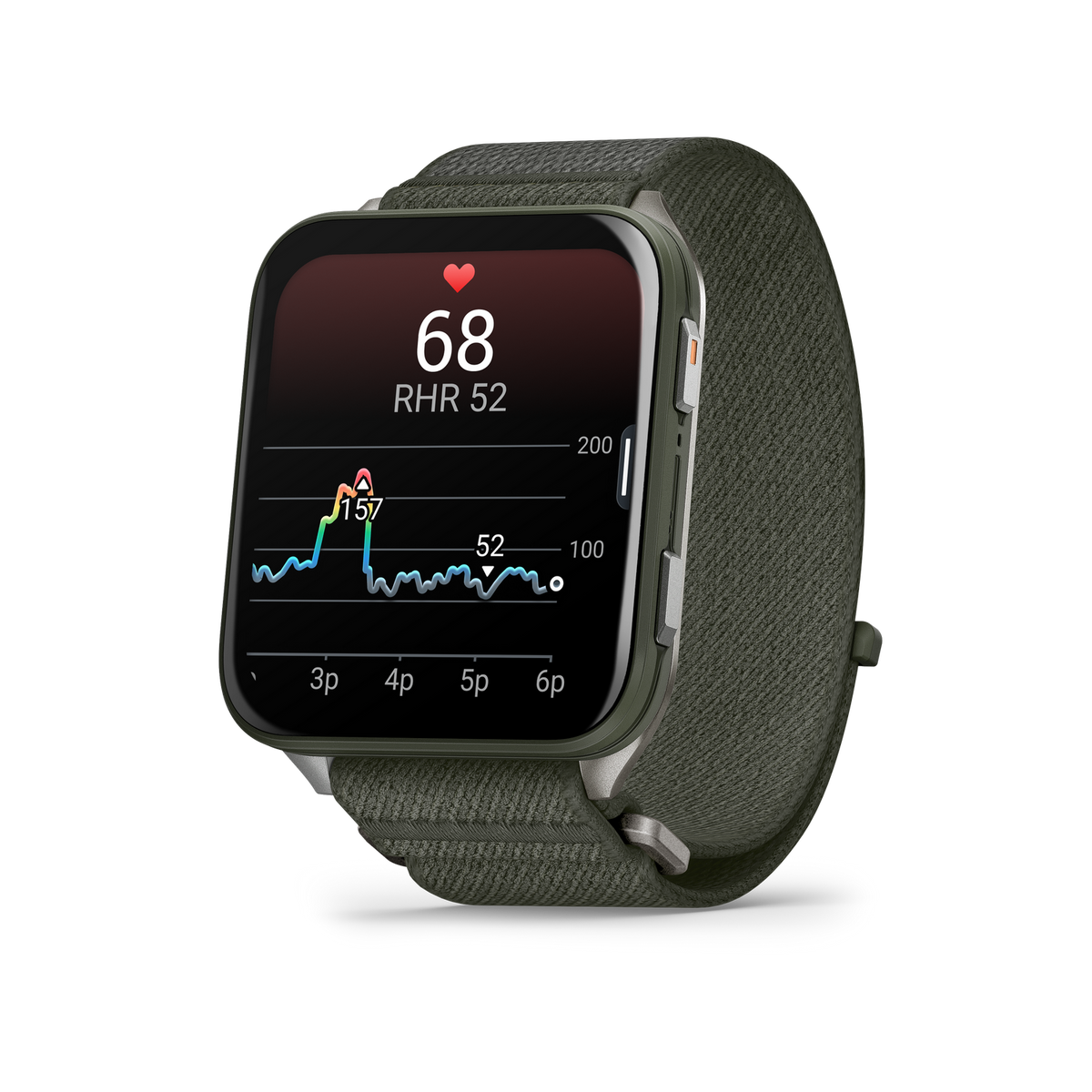 Olivgrüne Smartwatch, die ein Herzfrequenzdiagramm mit einer Frequenz von 68 Schlägen pro Minute anzeigt.
