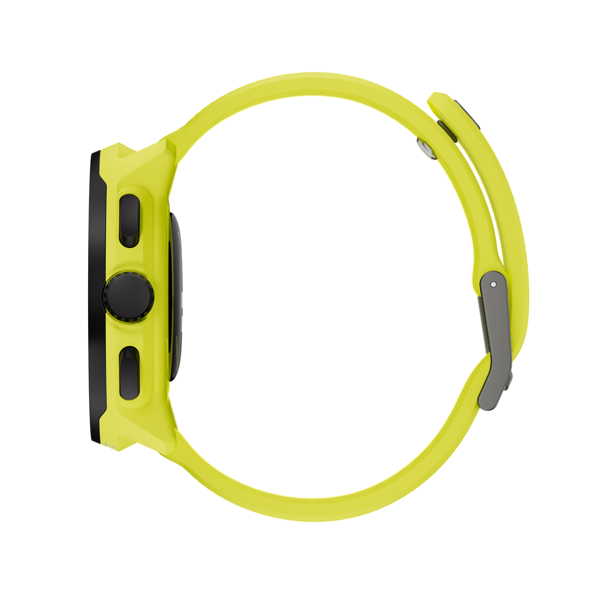 Żółty smartwatch z zakrzywionym paskiem i czarnym ekranem. Zegarek jest widoczny z boku.