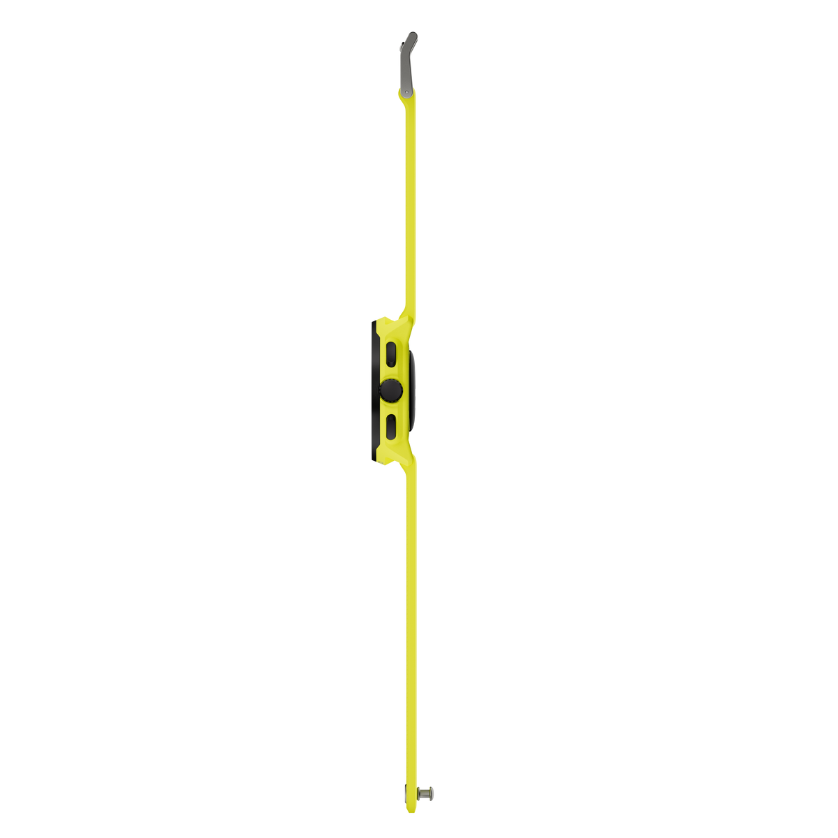 Żółty smartwatch z czarnym ekranem i paskiem. Pasek jest cienki i łączy się na obu końcach.