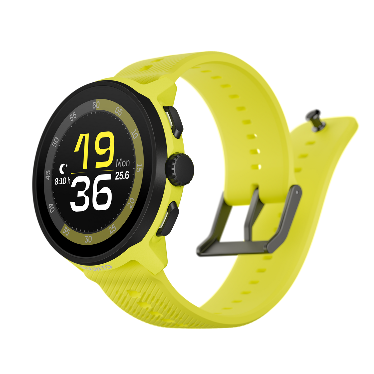 Żółty smartwatch z czarnym ekranem i paskiem. Ekran wyświetla godzinę i datę, z czarnymi przyciskami.