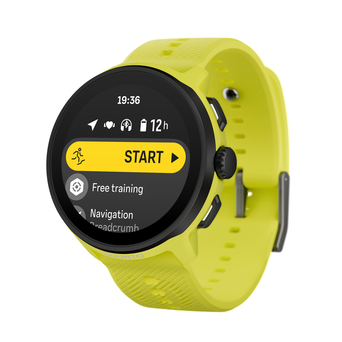 Żółty smartwatch z czarnym ekranem pokazującym czas, tętno i nawigację. Pasek jest żółty.