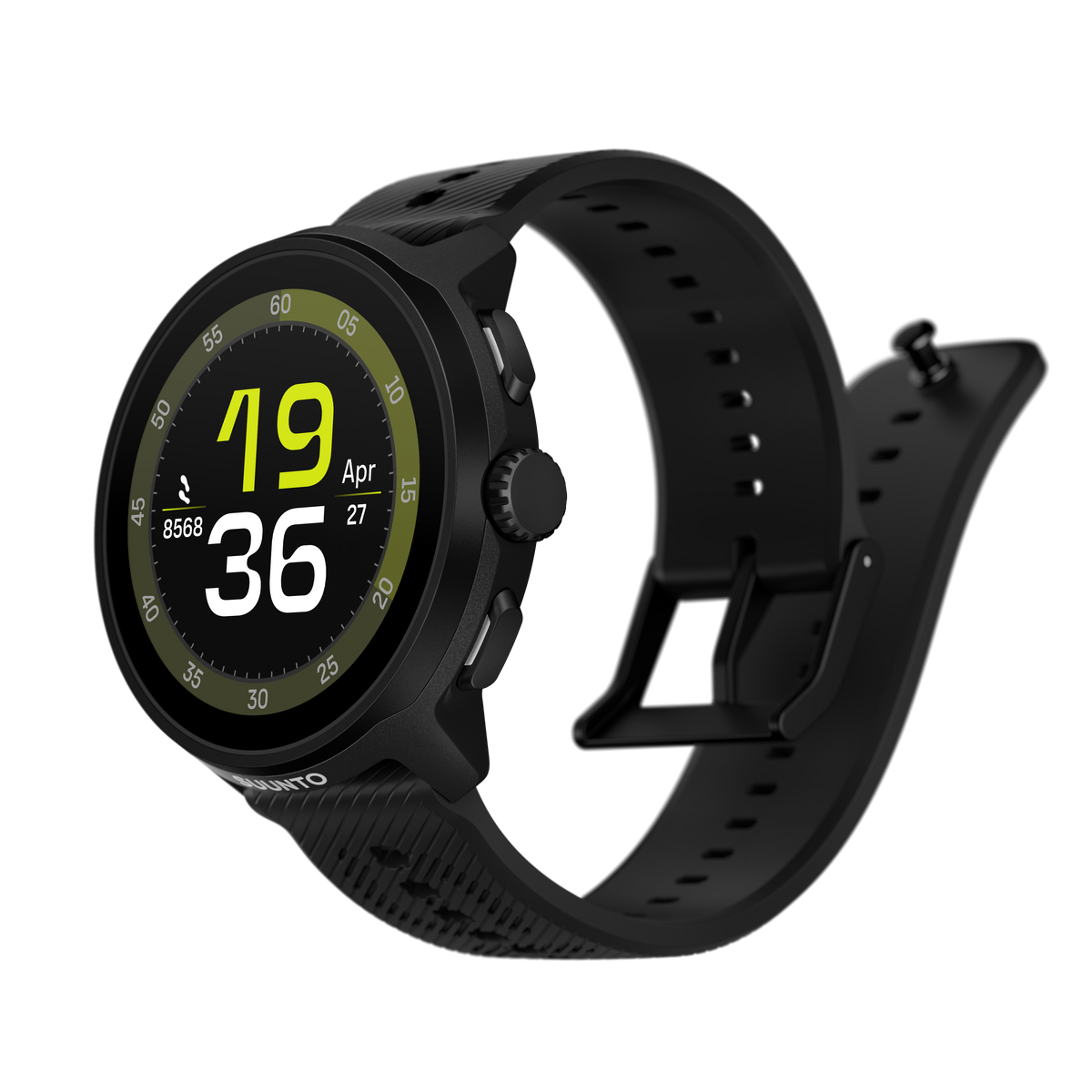 Czarny smartwatch z czarnym paskiem. Zegarek wyświetla godzinę, datę i kroki, z czarnym tłem.