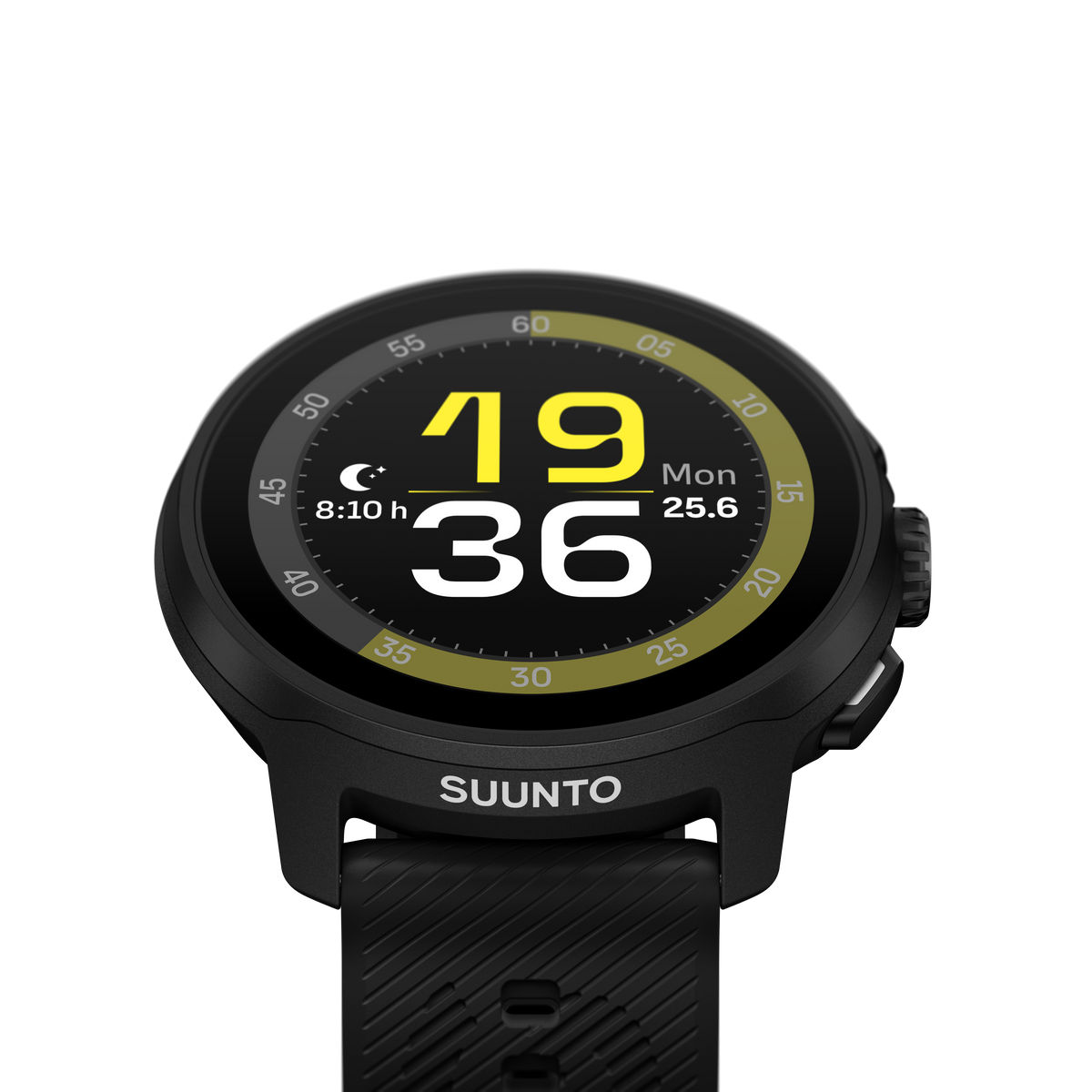 Czarny smartwatch wyświetlający godzinę 19:36 na swojej okrągłej tarczy, na czarnym tle.