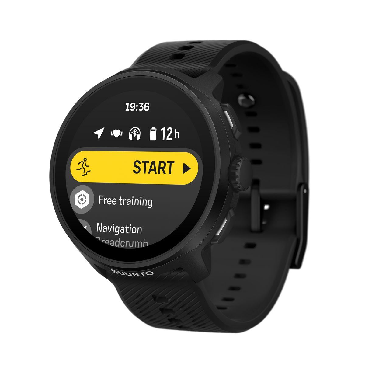 Czarny smartwatch z okrągłym ekranem wyświetlającym czas i opcje treningowe. Zegarek ma czarny pasek i czarne tło.