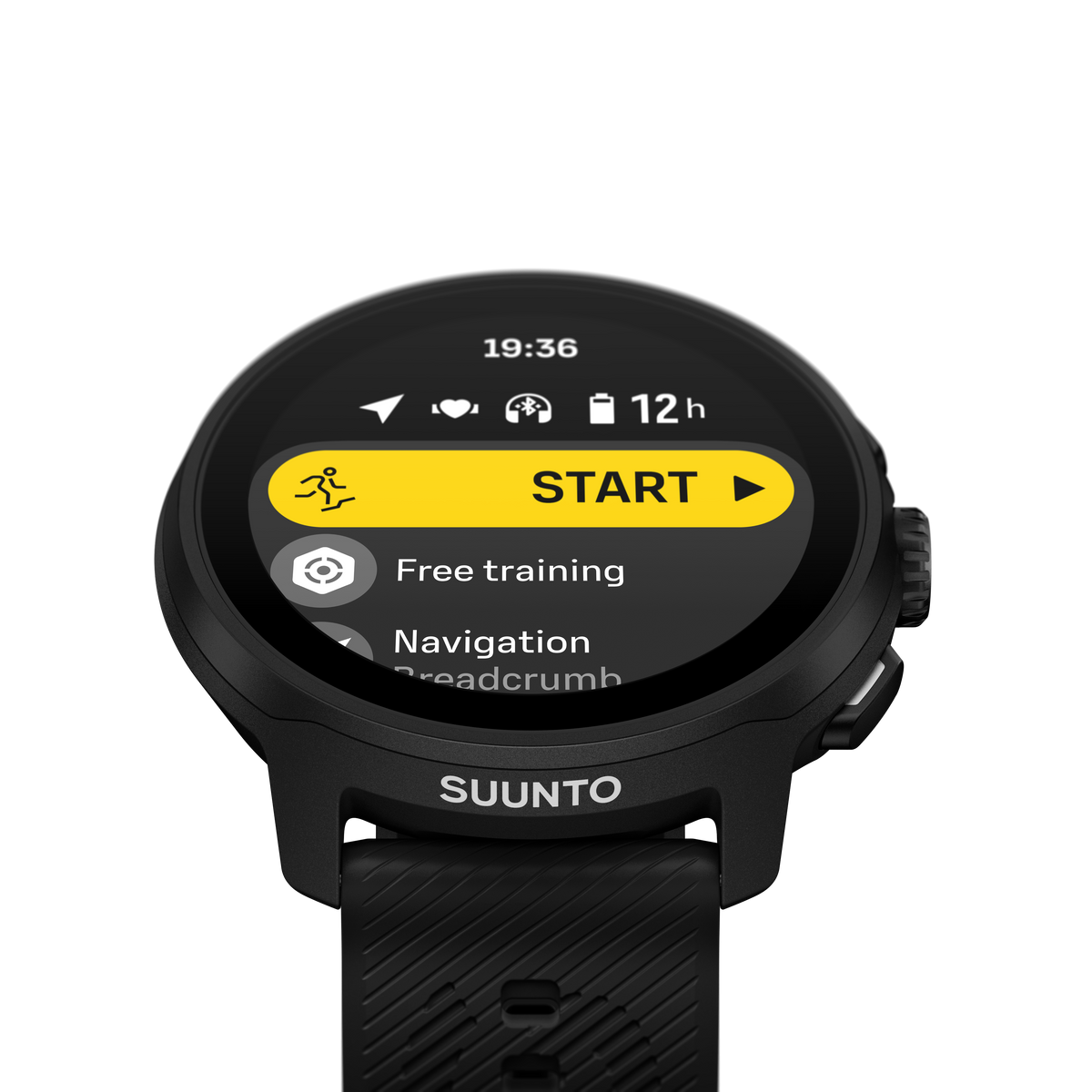 Czarny smartwatch z okrągłym wyświetlaczem pokazującym opcję „Start” i inne elementy menu.