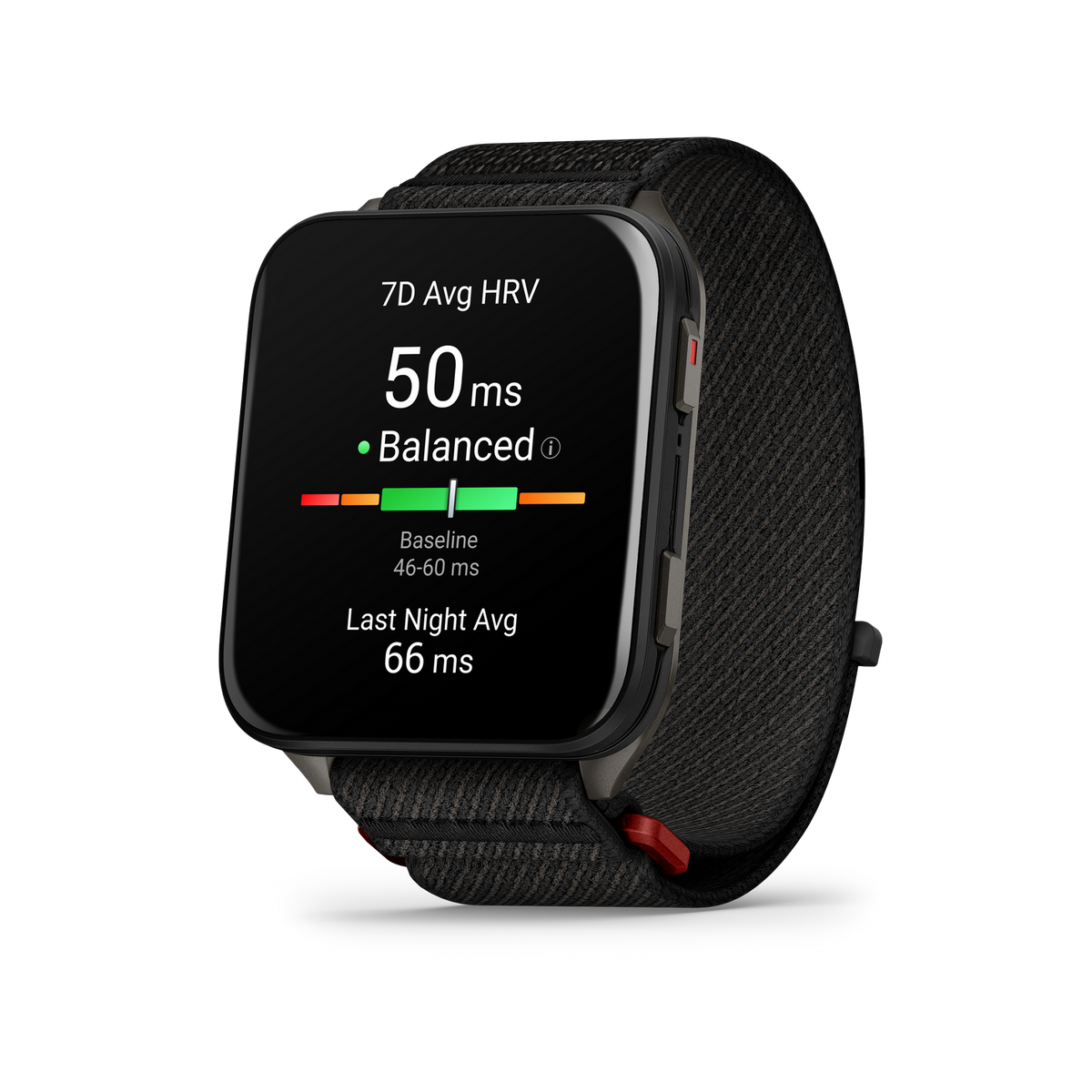 Smartwatch mit dunklem Gehäuse und gemustertem Armband, das HRV-Daten und den Status „Ausgeglichen“ anzeigt.