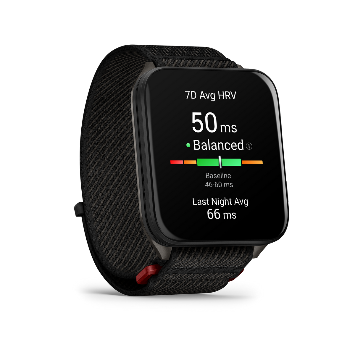Eine schwarze Smartwatch zeigt Gesundheitsmetriken an. Der Bildschirm zeigt Gesundheitsdaten und ein schwarzes Armband.
