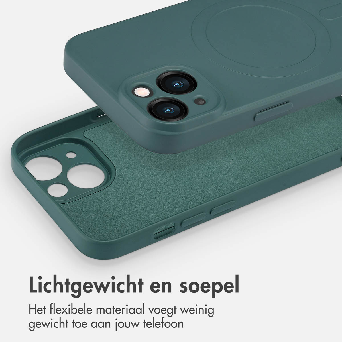 Une coque de téléphone vert foncé avec un trou pour l'appareil photo et un intérieur blanc, sur une surface blanche. Texte: Léger et souple.