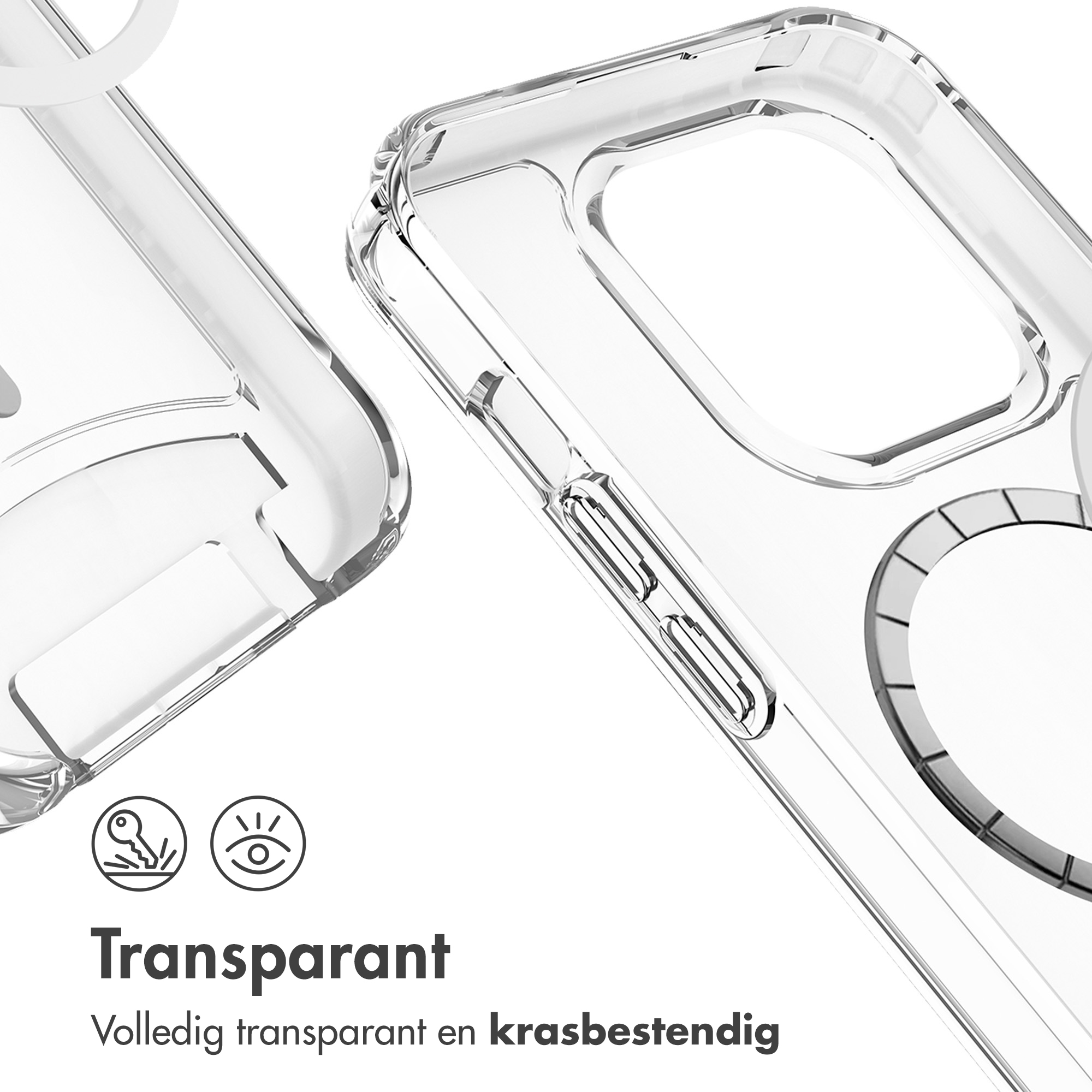 Deux coques de téléphone transparentes avec un design transparent, montrant l'arrière. Texte: Transparent et résistant aux rayures.