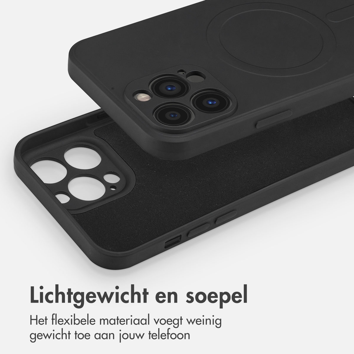 Une coque de téléphone noire avec un trou pour l'appareil photo et un intérieur noir, sur une surface blanche. Texte: Léger et souple.
