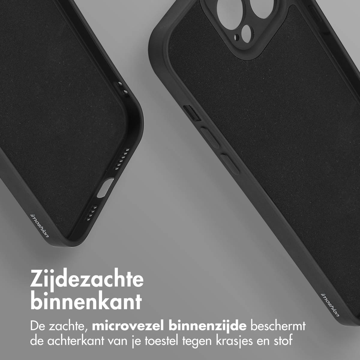 Deux coques de téléphone noires. Texte : Soyeux à l'intérieur. L'intérieur protège des rayures et de la poussière.