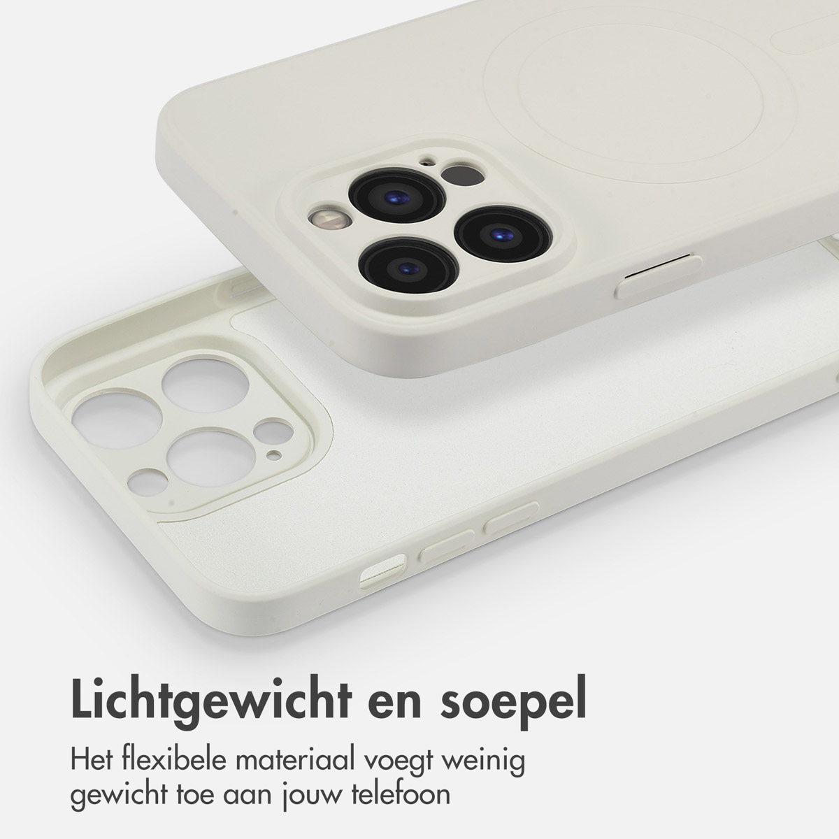 Gebroken witte telefoonhoes met een witte telefoon erin. De hoes is open. Tekst: Lichtgewicht en flexibel.