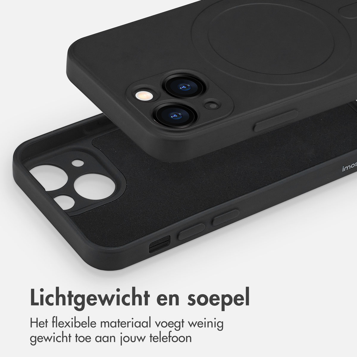 Zwarte telefoonhoes met een zwarte telefoon erin. De hoes is open. Tekst: Lichtgewicht en flexibel.