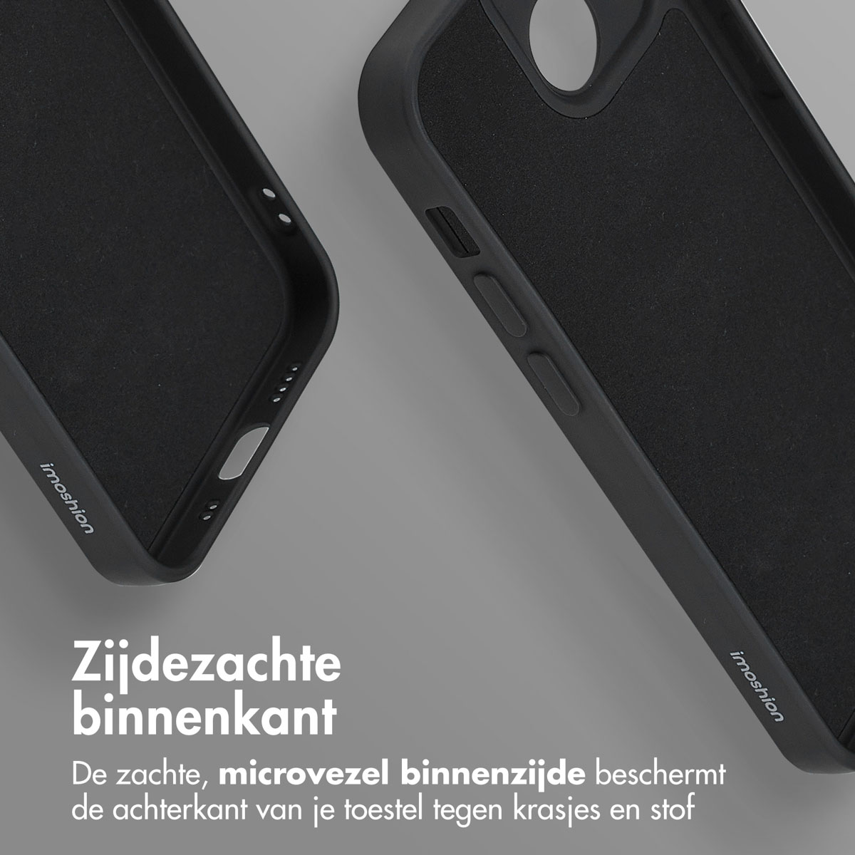 Twee zwarte telefoonhoesjes met een zwarte binnenkant worden getoond. De tekst luidt: Zijdezachte binnenkant. Ontwerp zichtbaar.