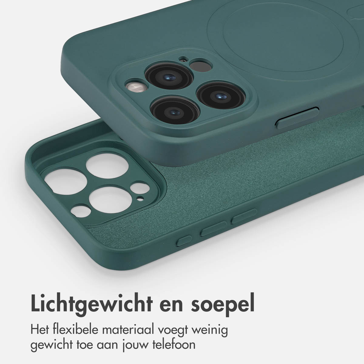 Coque de téléphone verte avec un téléphone vert à l'intérieur. La coque est ouverte. Texte : Légère et flexible.