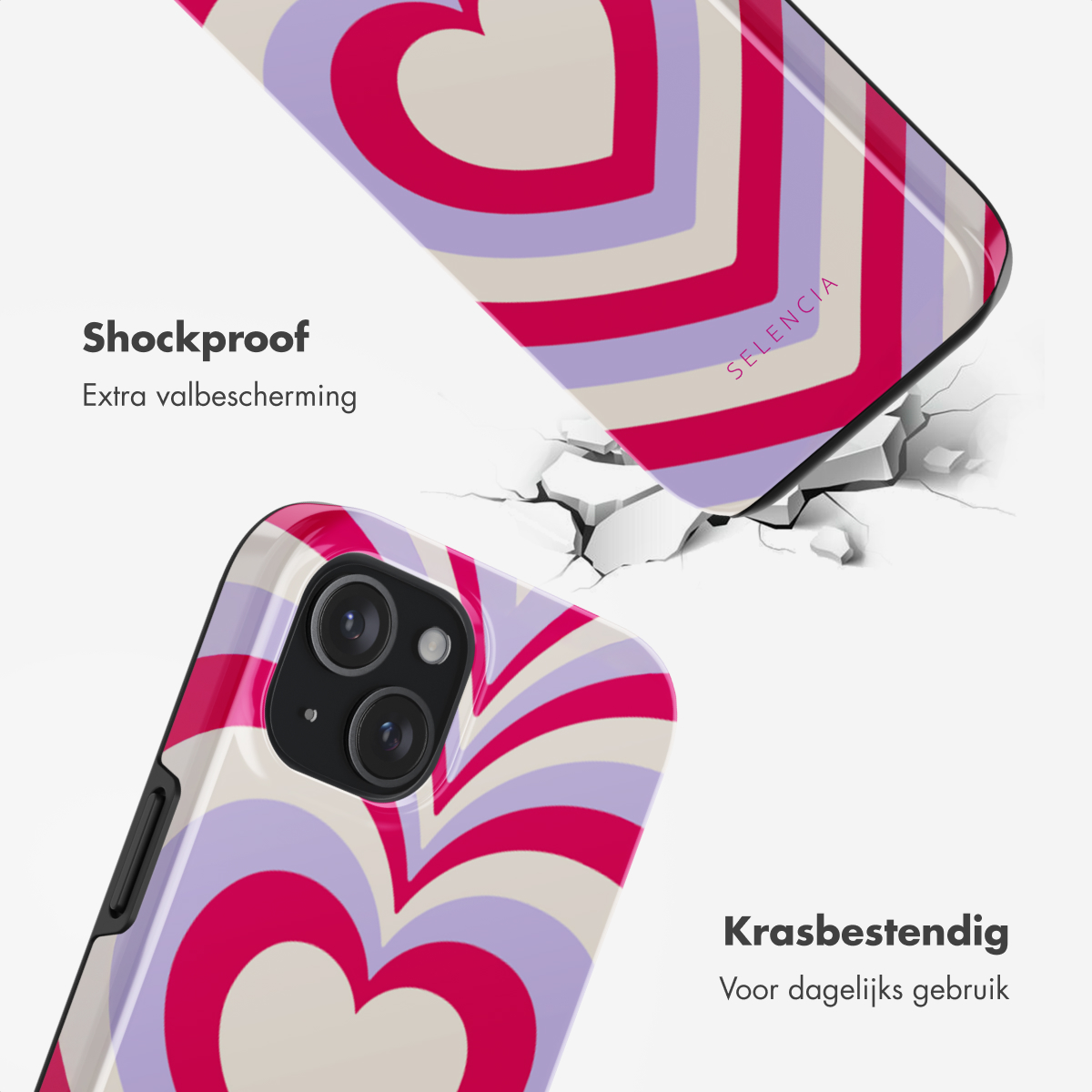 Een telefoonhoesje toont roze en lavendelkleurige hartpatronen tegen een witte achtergrond.