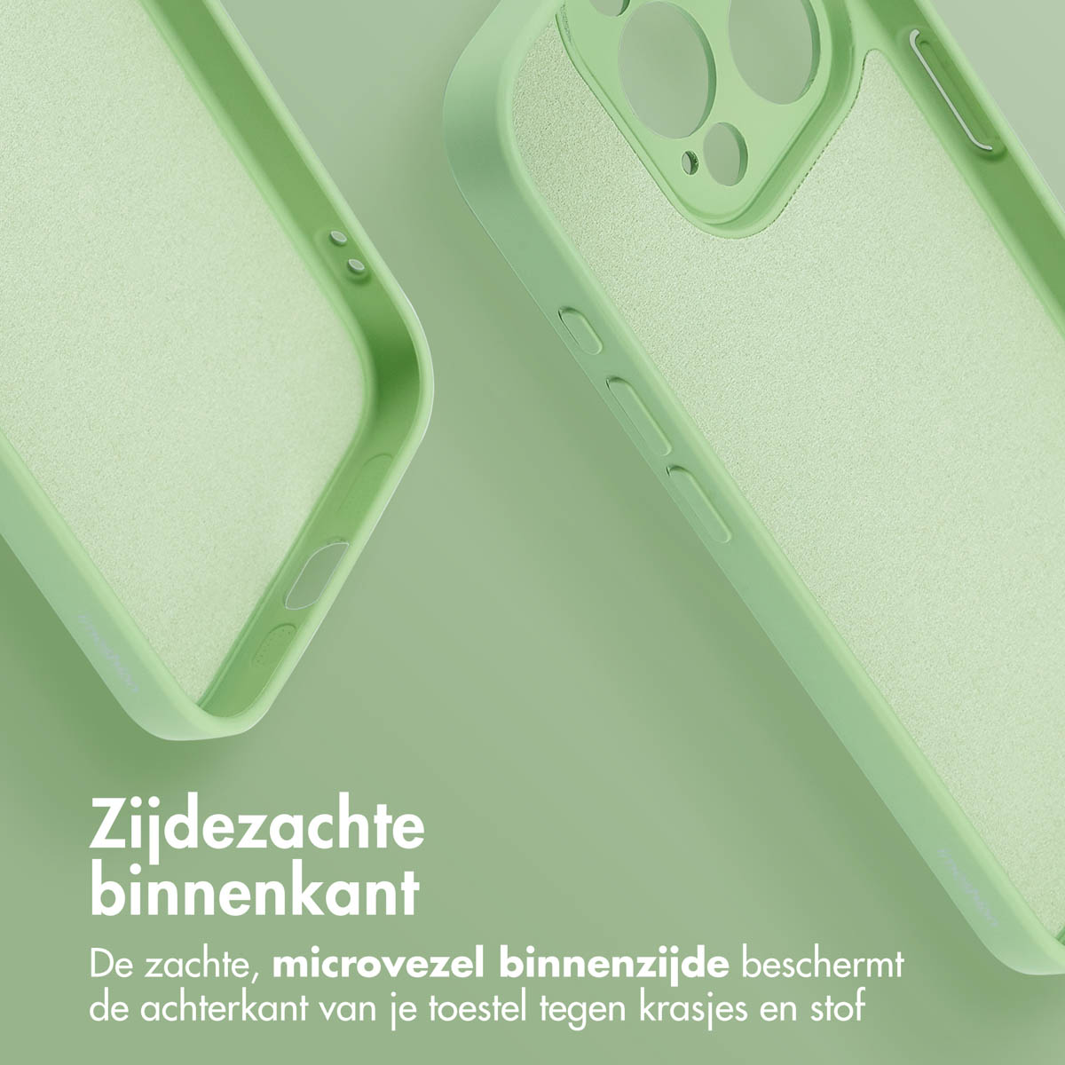 Twee groene telefoonhoesjes. Tekst: Zijdezacht binnen. De binnenkant beschermt tegen krassen en stof.