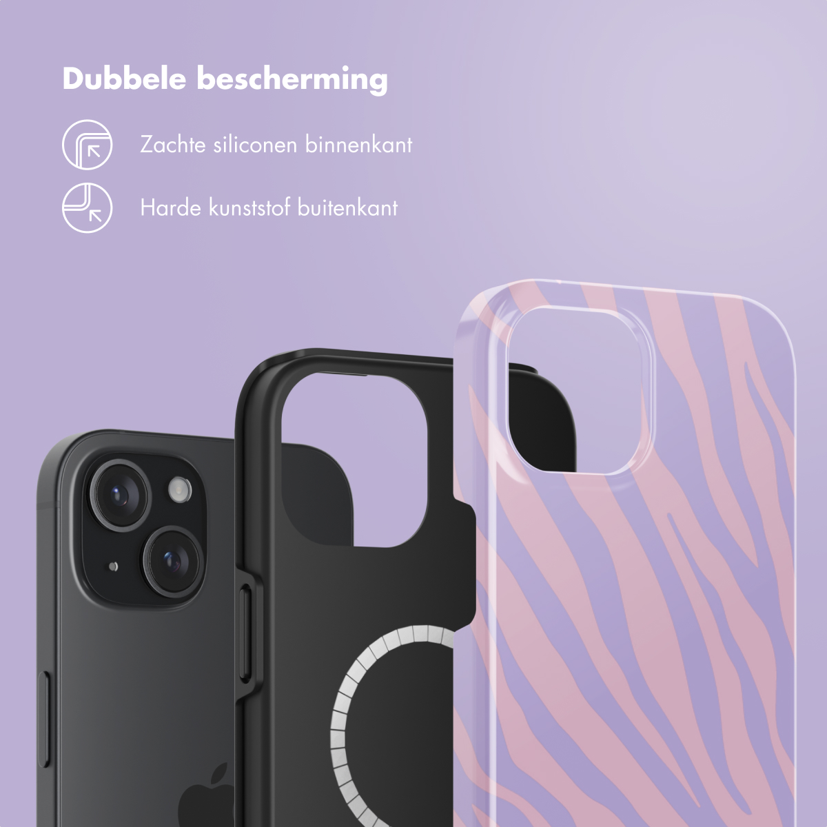 Er worden drie telefoonhoesjes getoond, die een progressie van beschermingslagen en designpatronen laten zien.