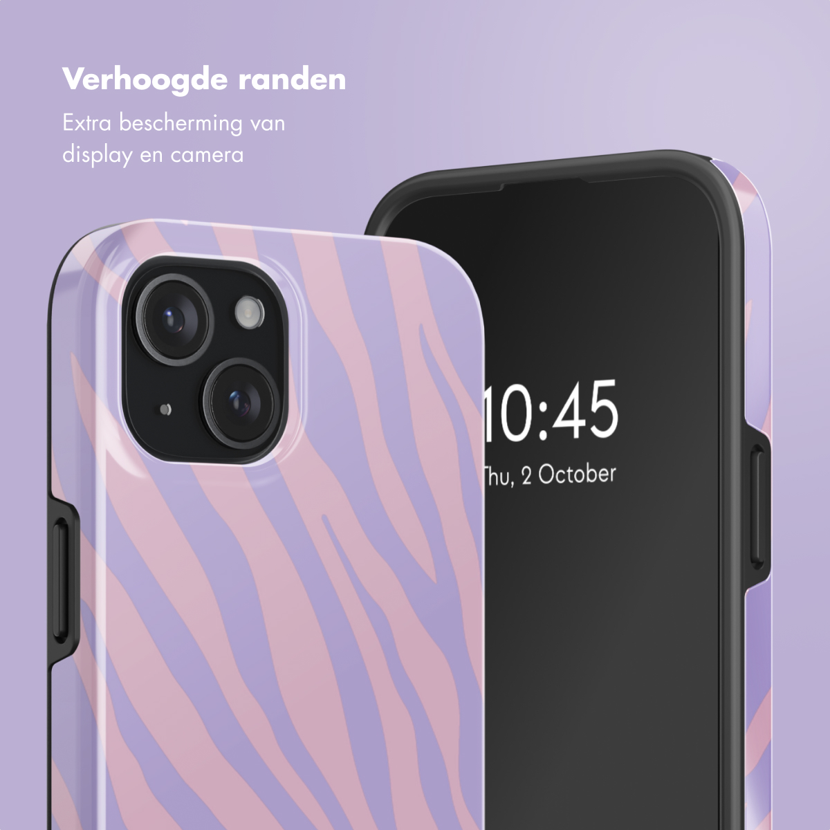 Telefoonhoesje met een zebra strepen design. Een telefoon met de tijd 10:45 op het scherm is zichtbaar.