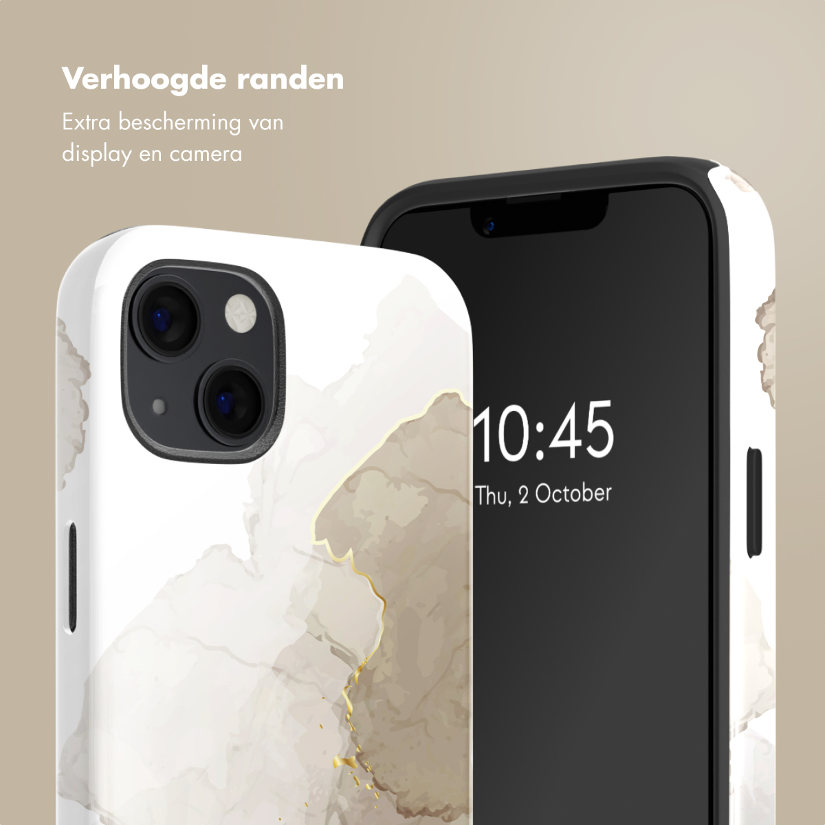 Un téléphone affiche l'heure 10h45 le 2 octobre, avec une coque à motifs de marbre autour.