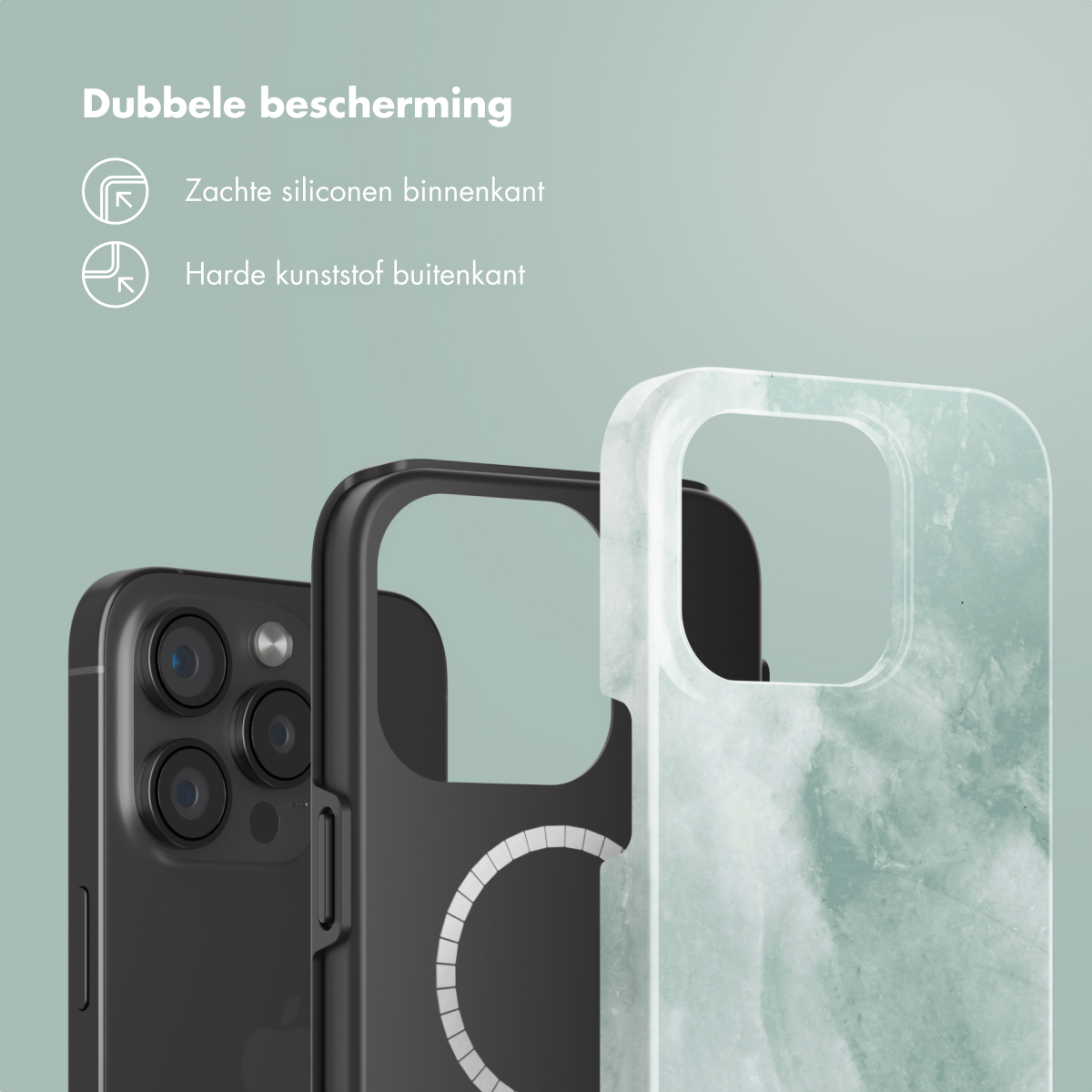 Trois coques de téléphone sont présentées, offrant une double protection avec du silicone souple et du plastique dur.