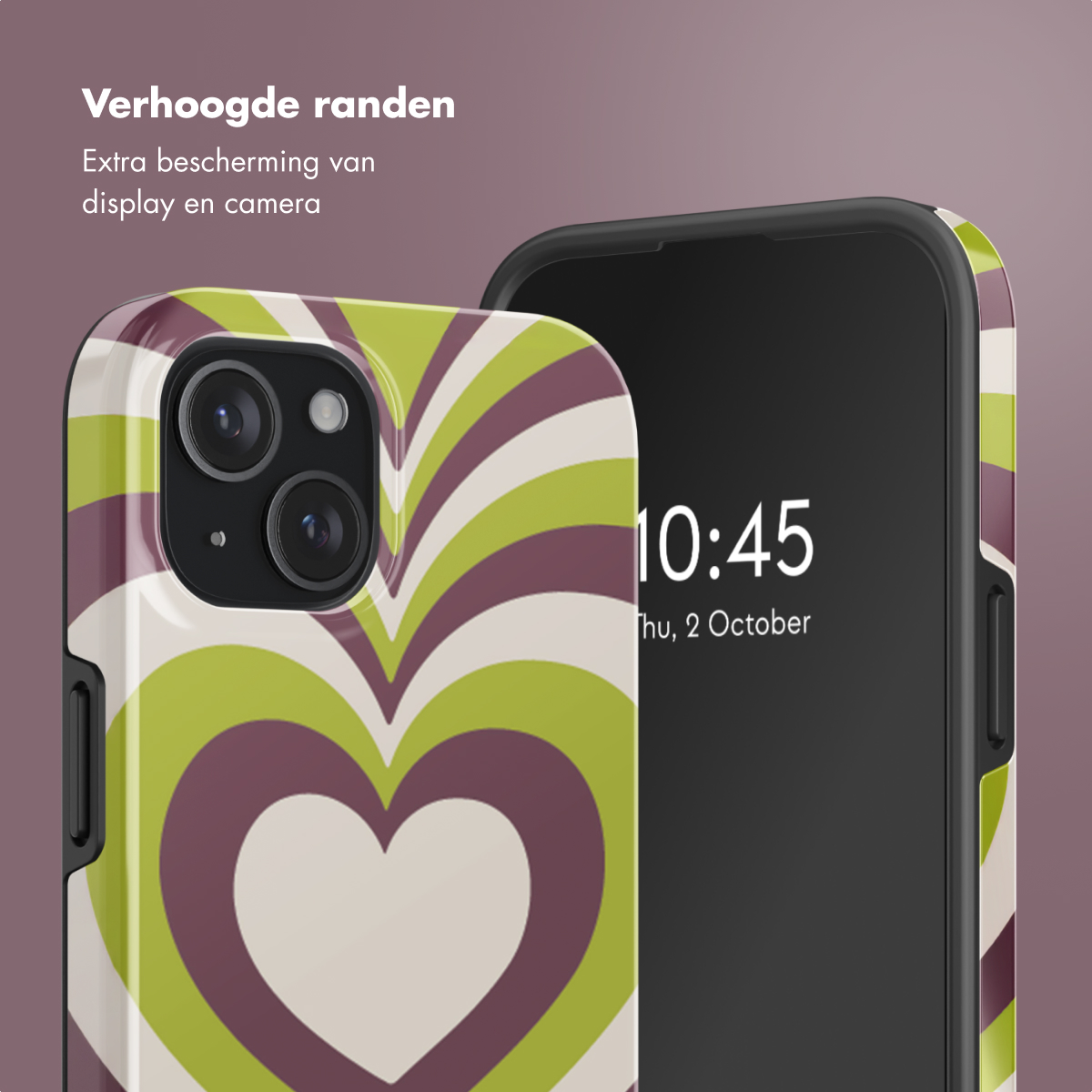 Telefoonhoesje met groen, wit en paars hartontwerp. Een telefoon met de tijd 10:45 op het scherm is zichtbaar.