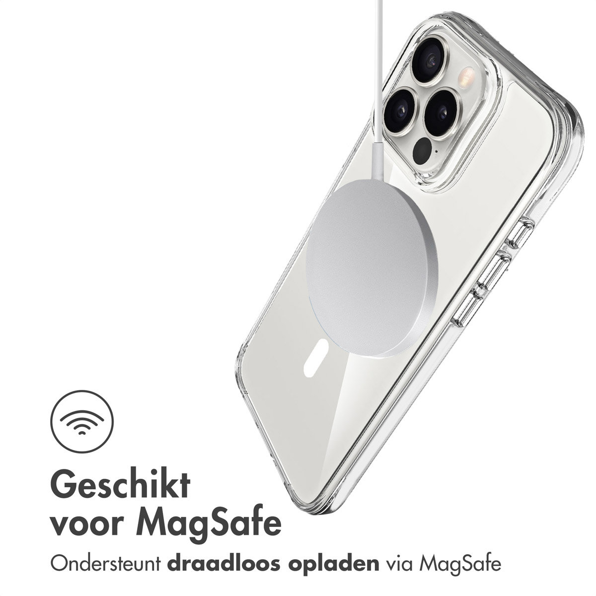 Coque de téléphone transparente avec chargement MagSafe. Chargeur MagSafe blanc attaché. Texte : Adapté au MagSafe.