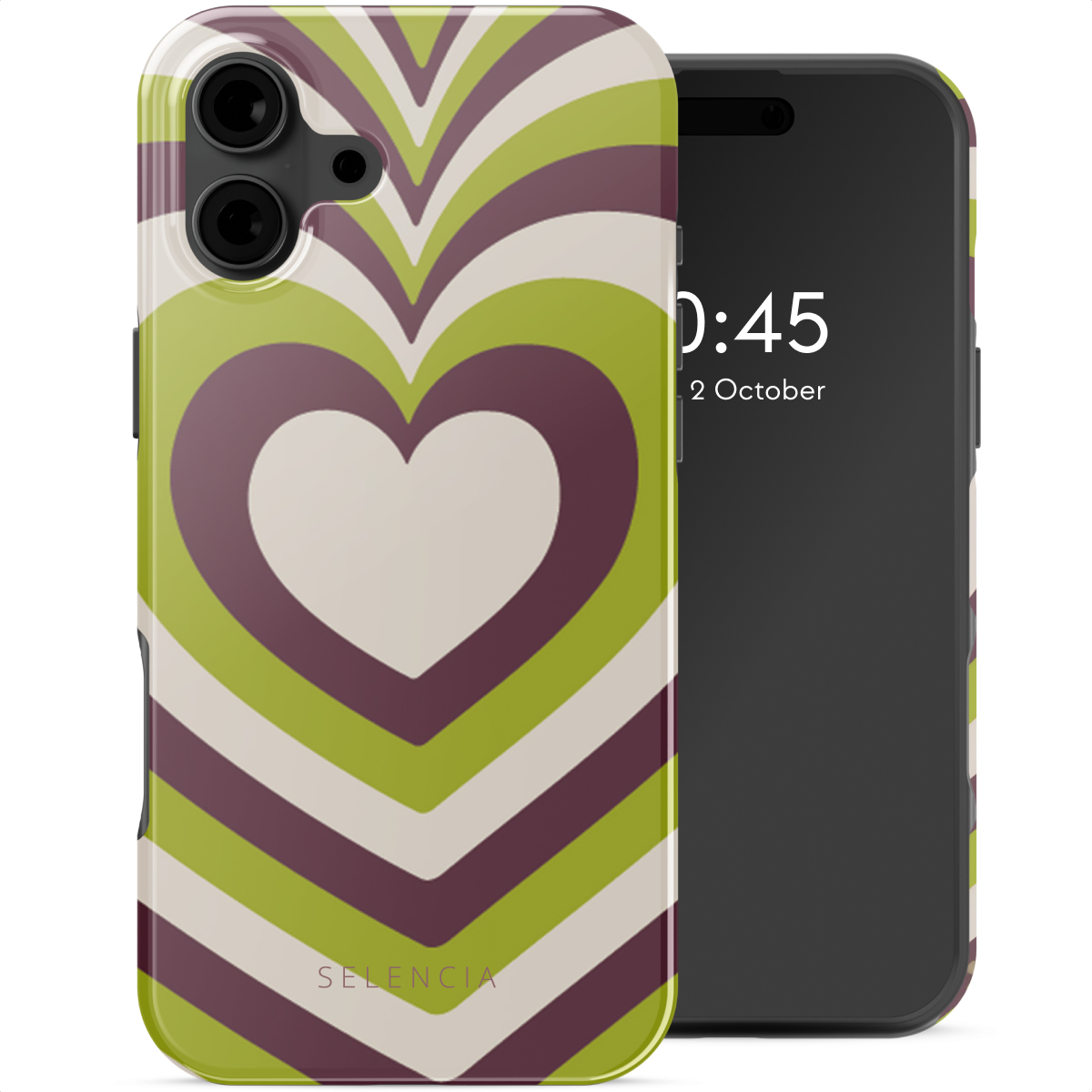 Custodia per telefono con design a cuore verde, viola e bianco. Il telefono mostra l'ora. La custodia ha il marchio.