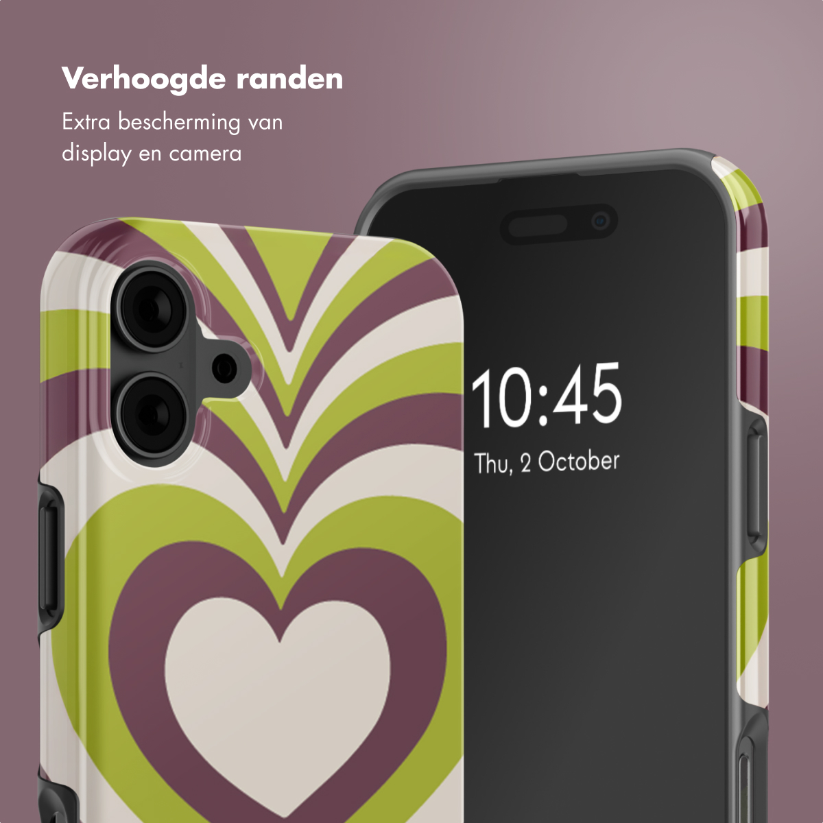Custodia per telefono con design a cuore verde, viola e bianco. Un telefono con schermo nero. Testo: Bordi rialzati.