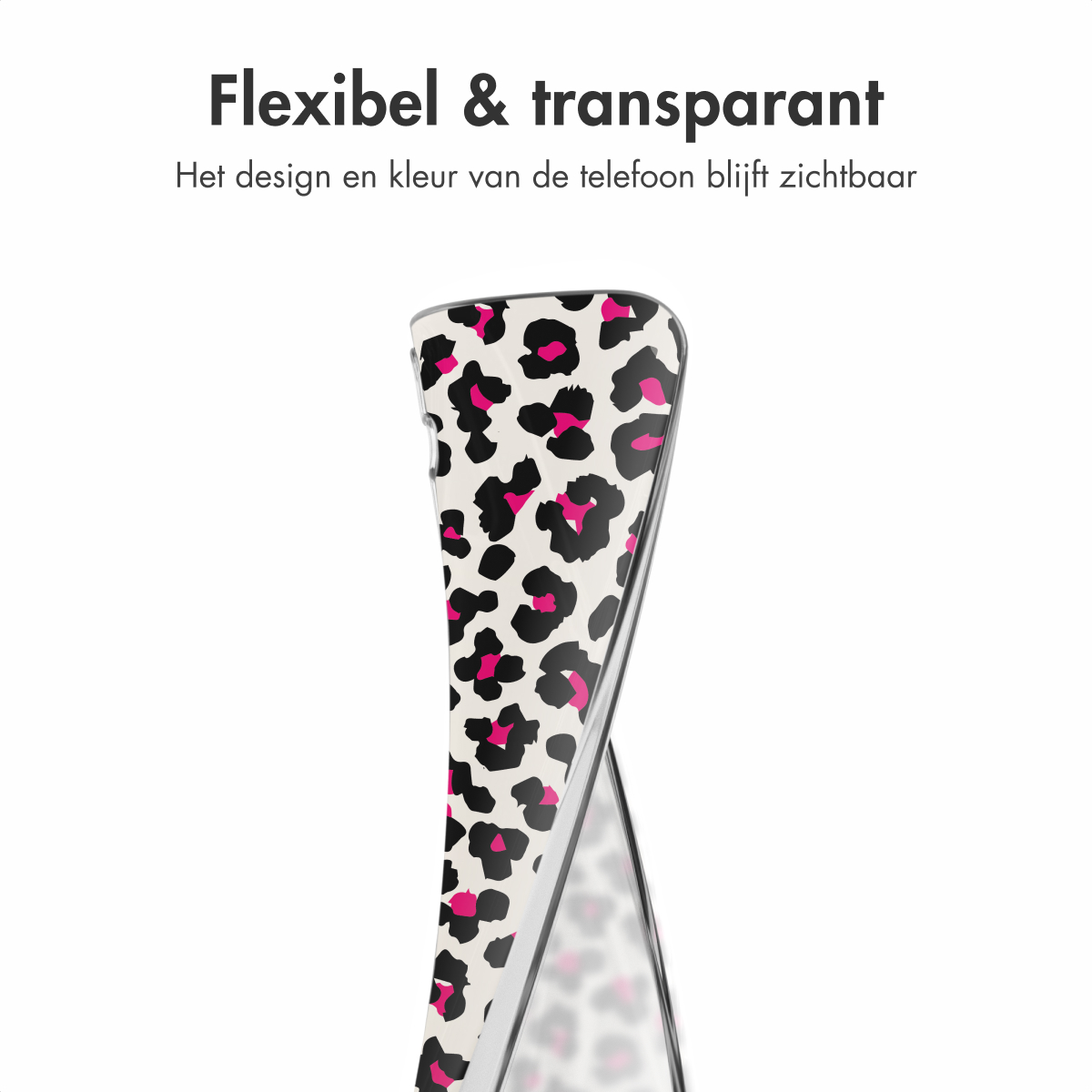 Telefoonhoesje met een luipaardprint ontwerp. De hoes is transparant, met een zwart en roze patroon. Tekst: Flexibel.