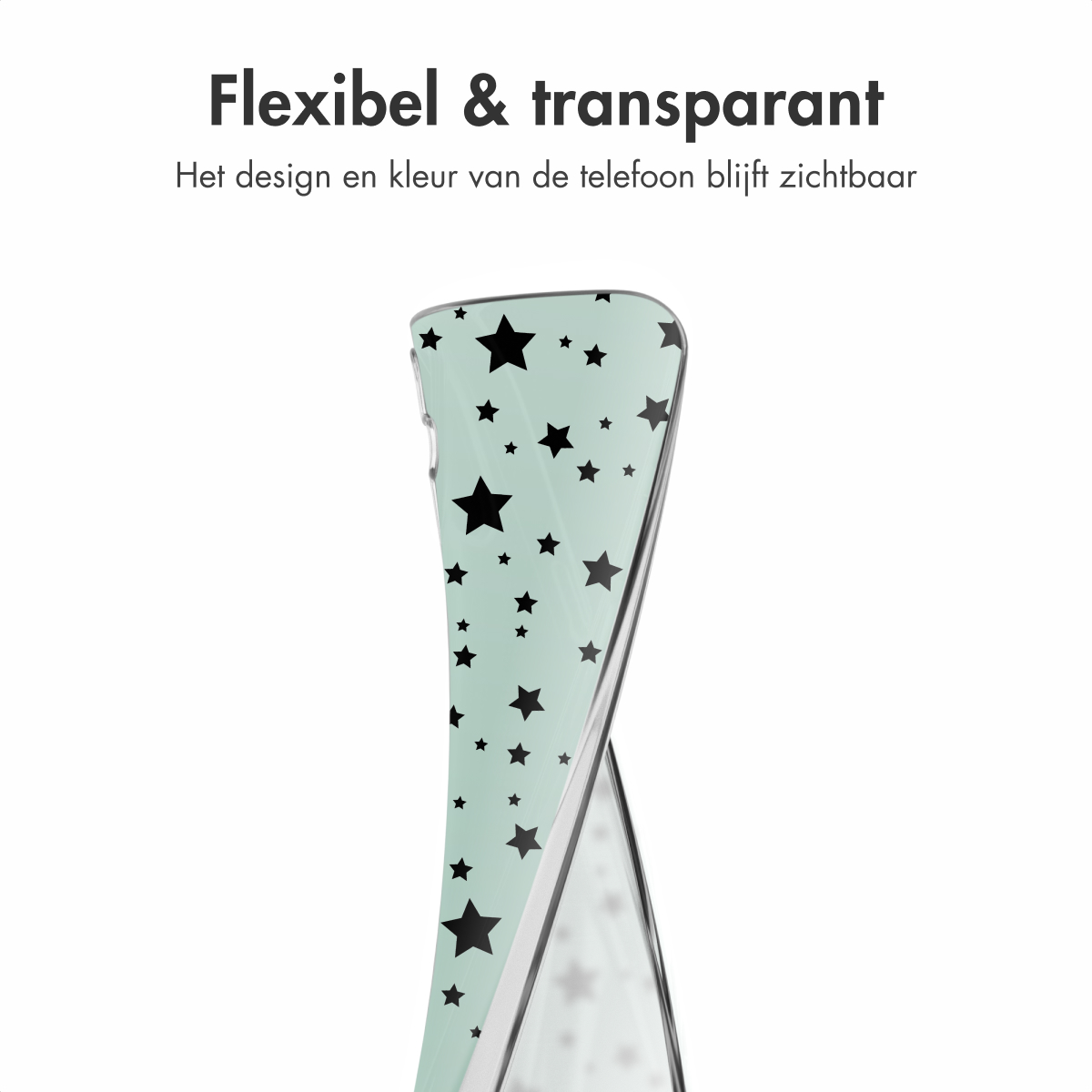 Een doorzichtige telefoonhoes met een sterrenpatroon wordt getoond, gebogen om flexibiliteit te tonen.