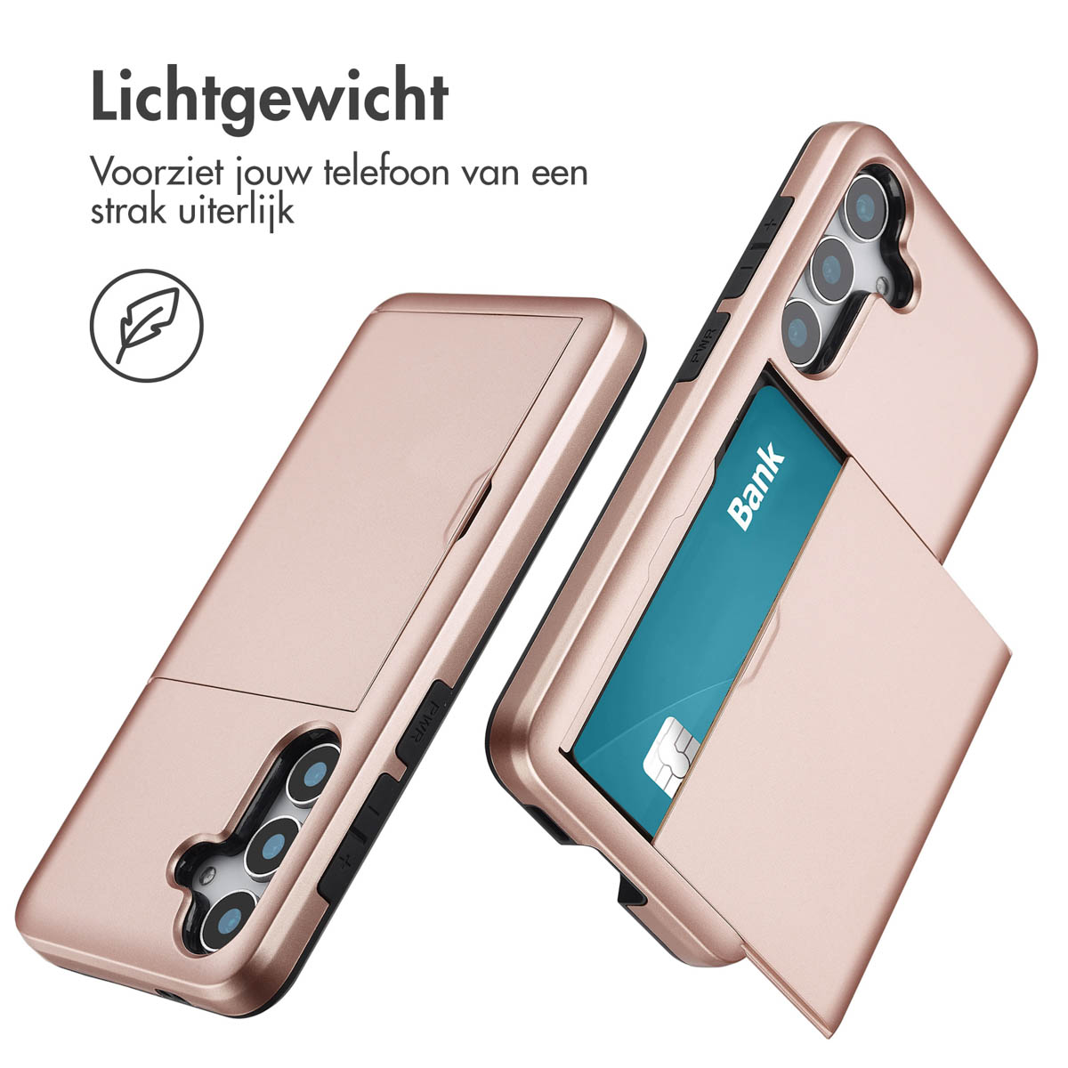 Twee roze telefoonhoesjes met een telefoon, één met een kaart. Tekst: 'Lichtgewicht'. Bankpas zichtbaar.
