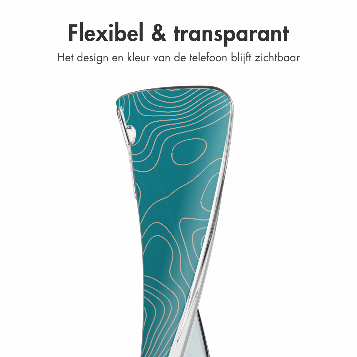 Coque transparente avec design de lignes bleu canard et beige, montrant le design.
