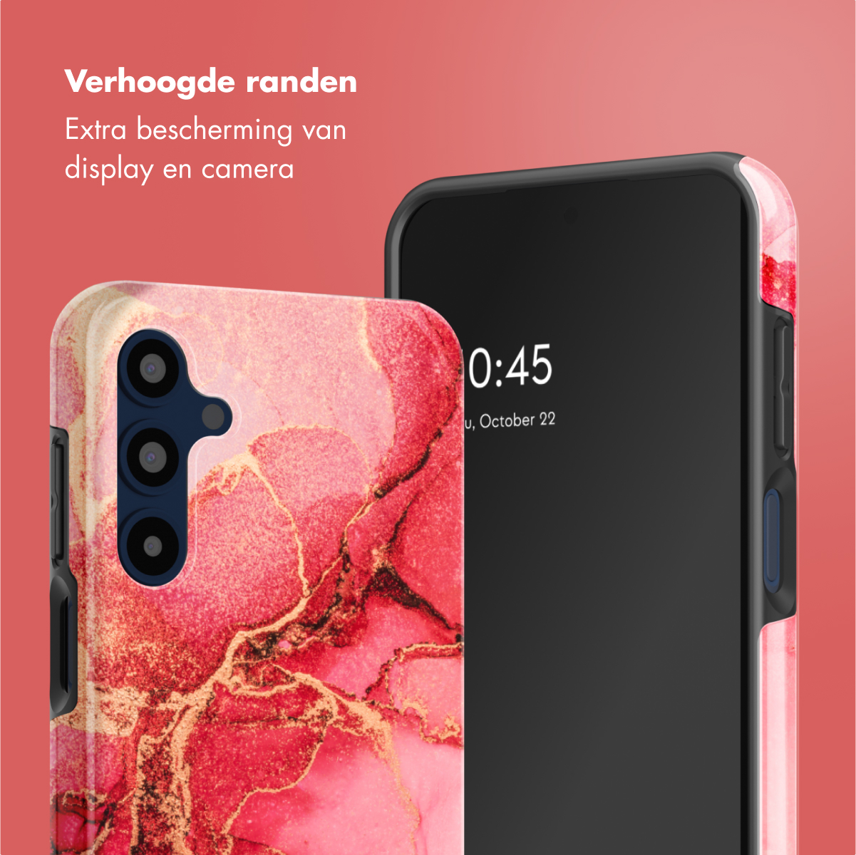 Custodia per telefono con un design astratto rosa e oro. Lo schermo del telefono è nero con l'ora sul display.