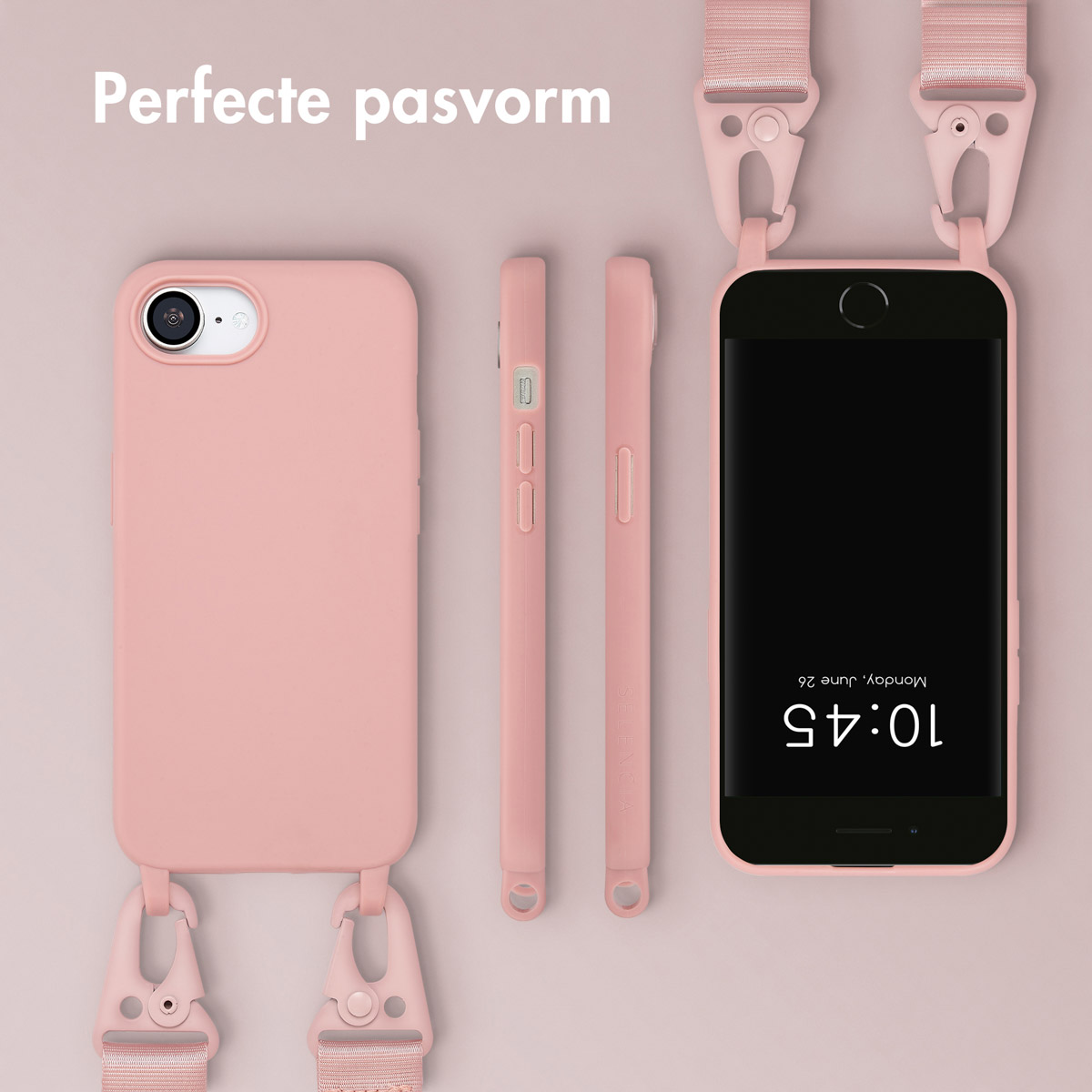 Roze telefoon met bijpassende hoes en bandjes. Telefoon toont tijd: 10:45, maandag 26 juni.
