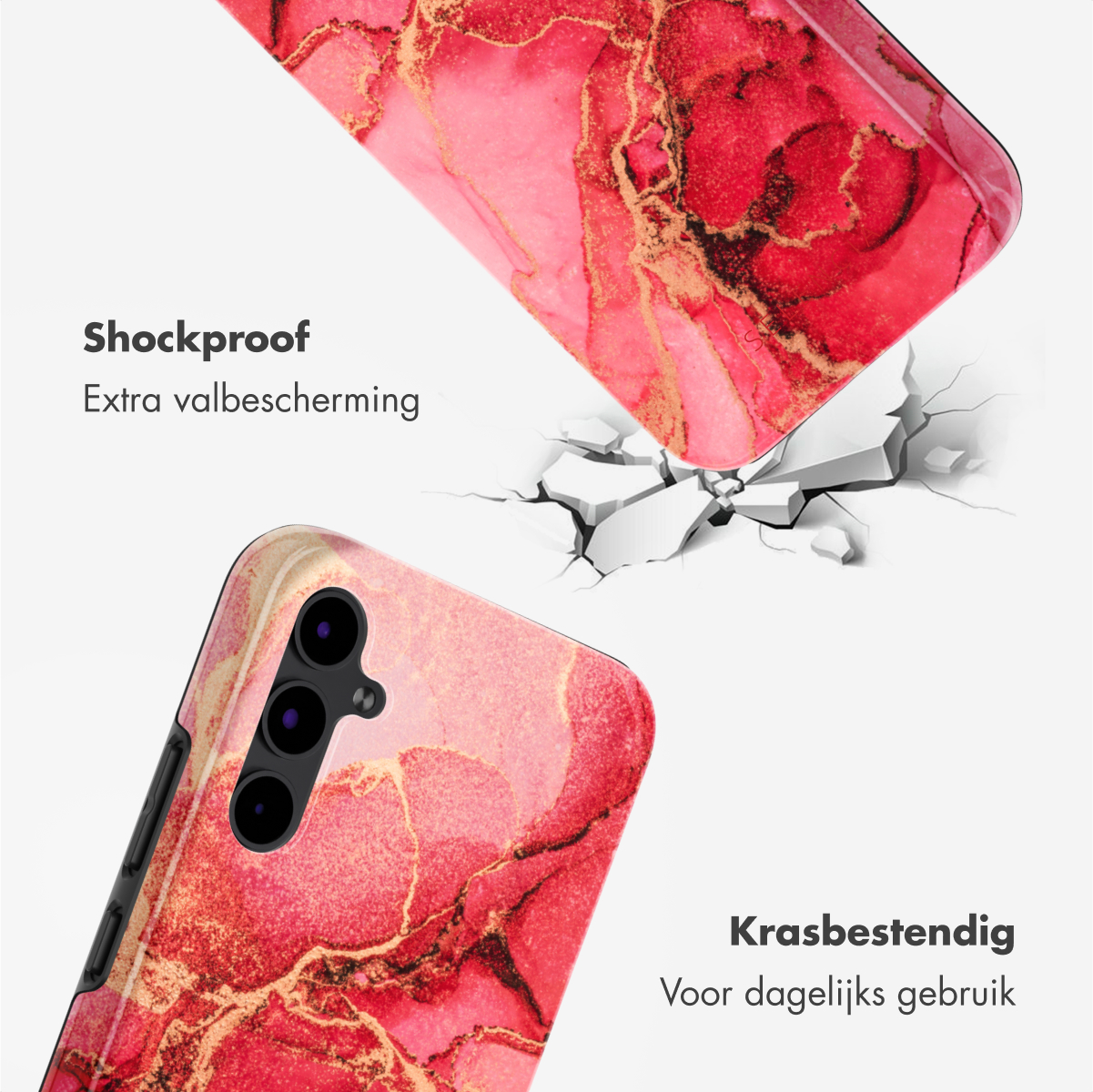 Telefoonhoesje met abstract ontwerp in roze en goud. Een deel van de hoes is gebroken, met een gebarsten oppervlak.
