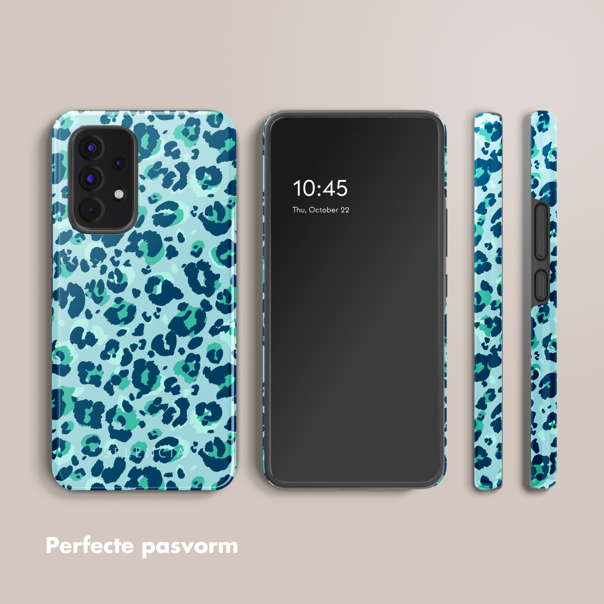 Custodia per telefono con stampa leopardata. Vengono mostrati tre telefoni. Lo schermo mostra uno sfondo nero con l'ora.