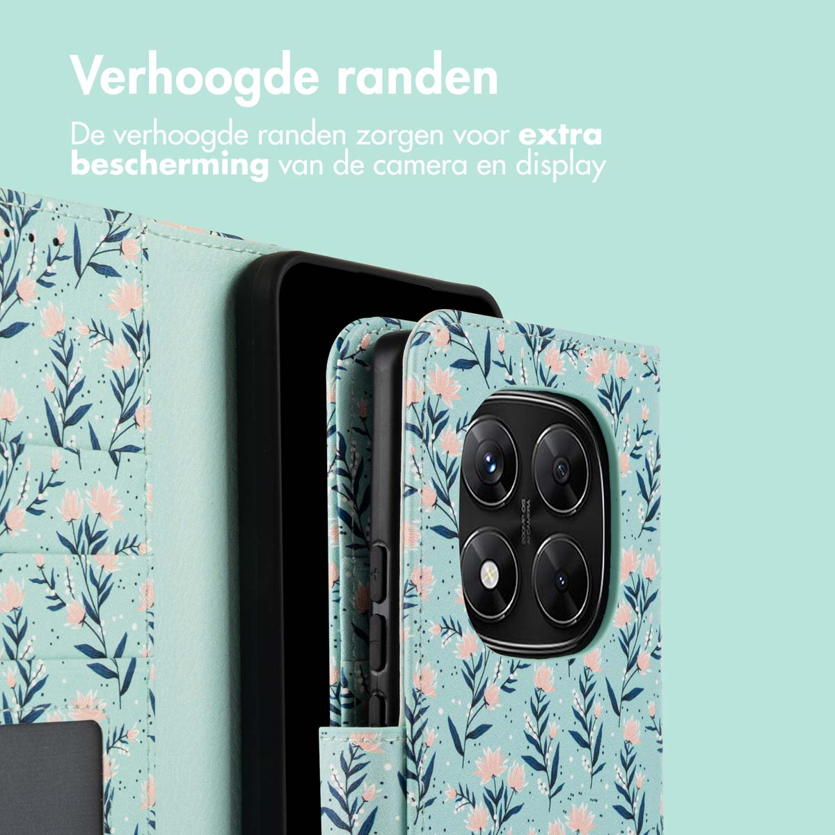 Een telefoon in een bloemenhoes staat naast een zwarte telefoon. De hoesjes hebben verhoogde randen.