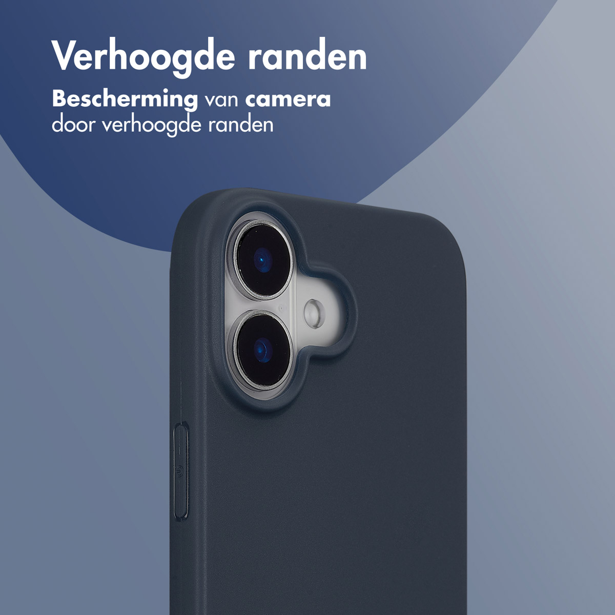 Close-up van een telefoonhoesje met twee cameralenzen. De hoes is blauw.