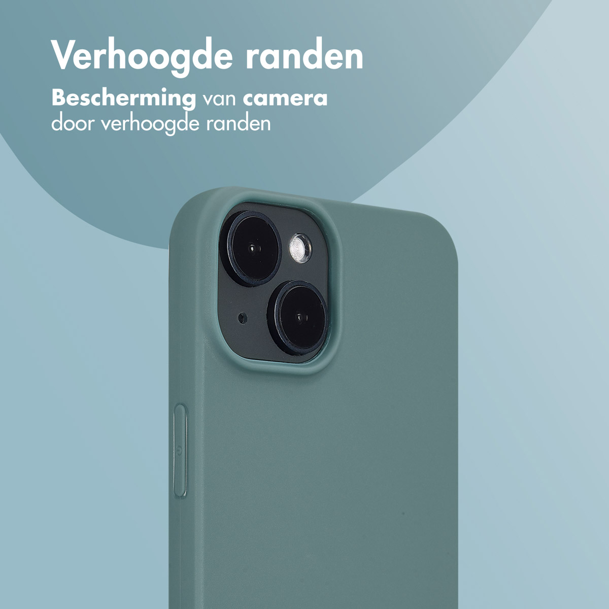 Close-up van een telefoonhoesje met twee cameralenzen. De hoes is groen.