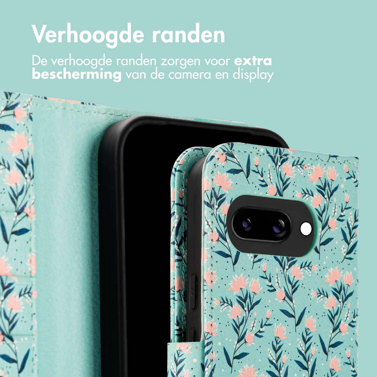 Telefoonhoesje met bloemenontwerp en een telefoon. De hoes is open.