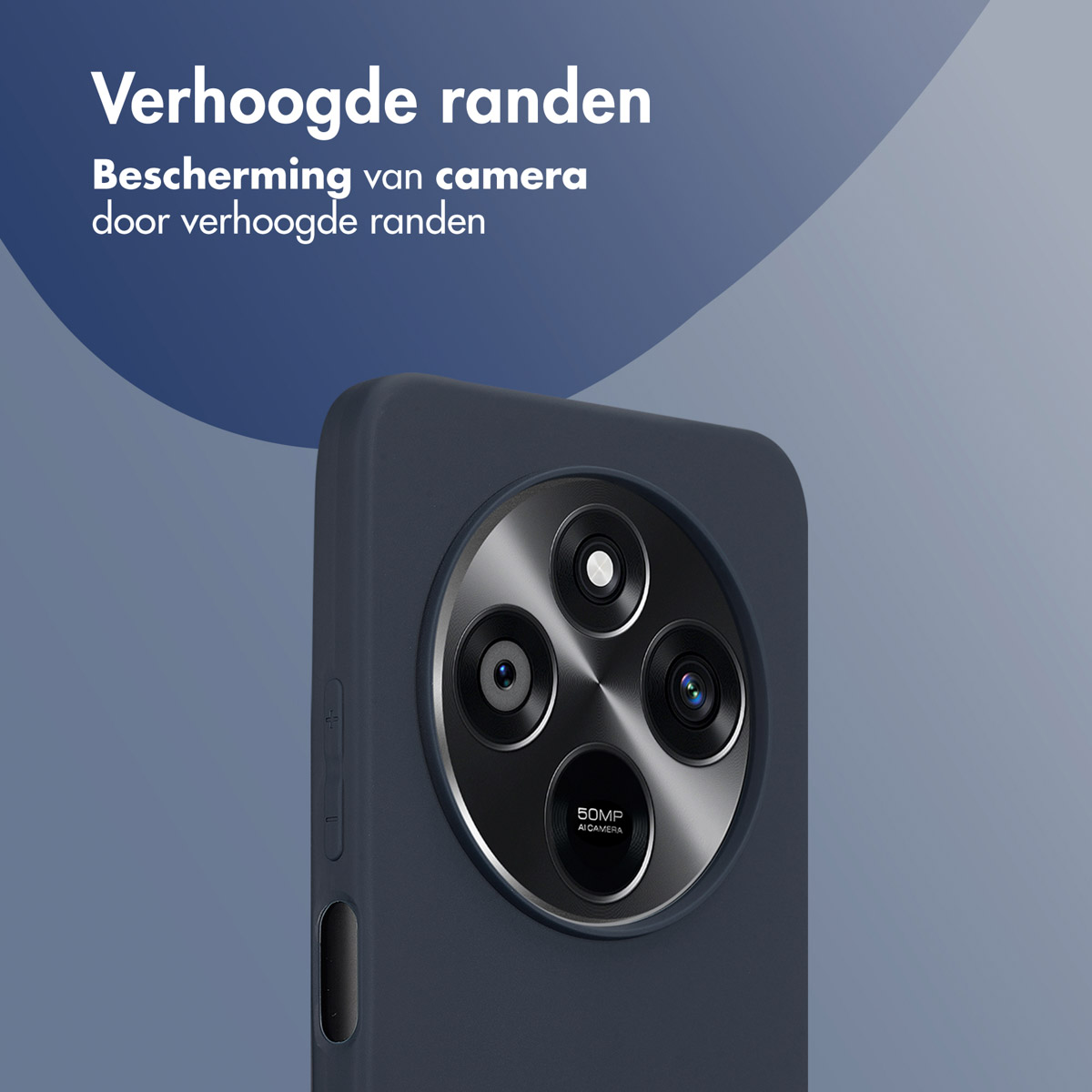 Une coque de téléphone bleu foncé avec trois lentilles de caméra sur un fond bleu foncé.