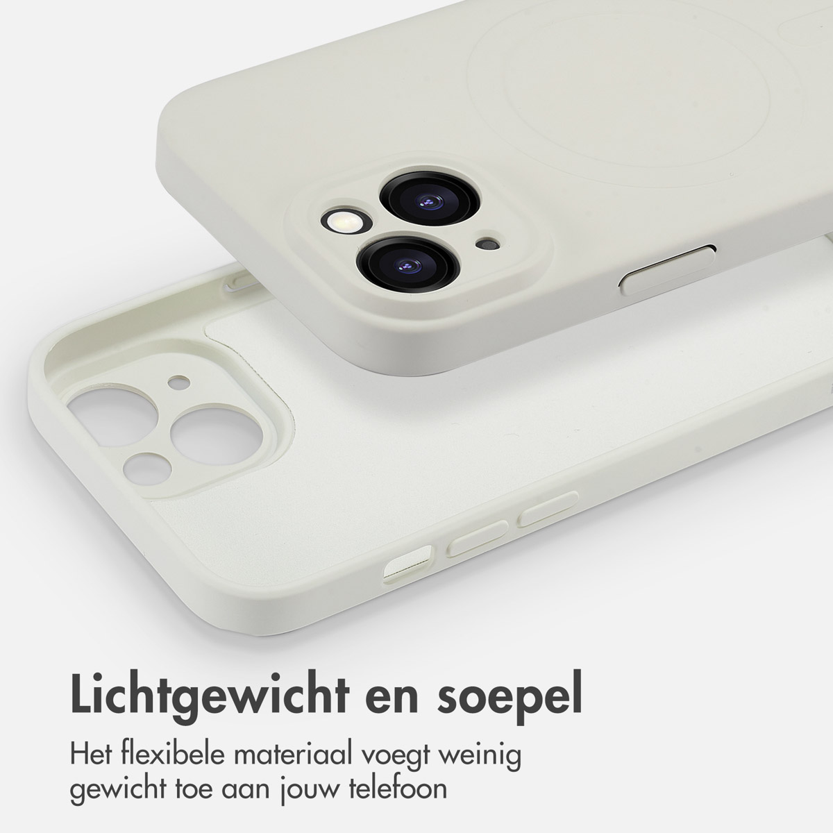 Two white phone cases, one open, showing the inside. Text reads 'Lichtgewicht en soepel'.