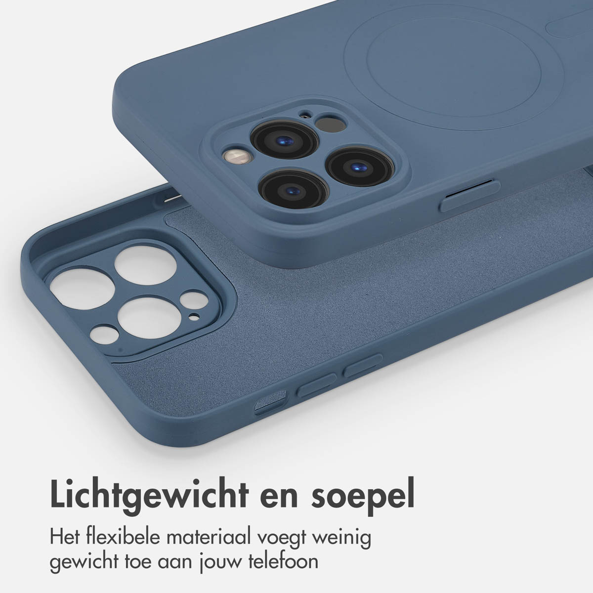 Twee blauwe telefoonhoesjes, één open, de binnenkant tonend. Tekst luidt 'Lichtgewicht en soepel'.