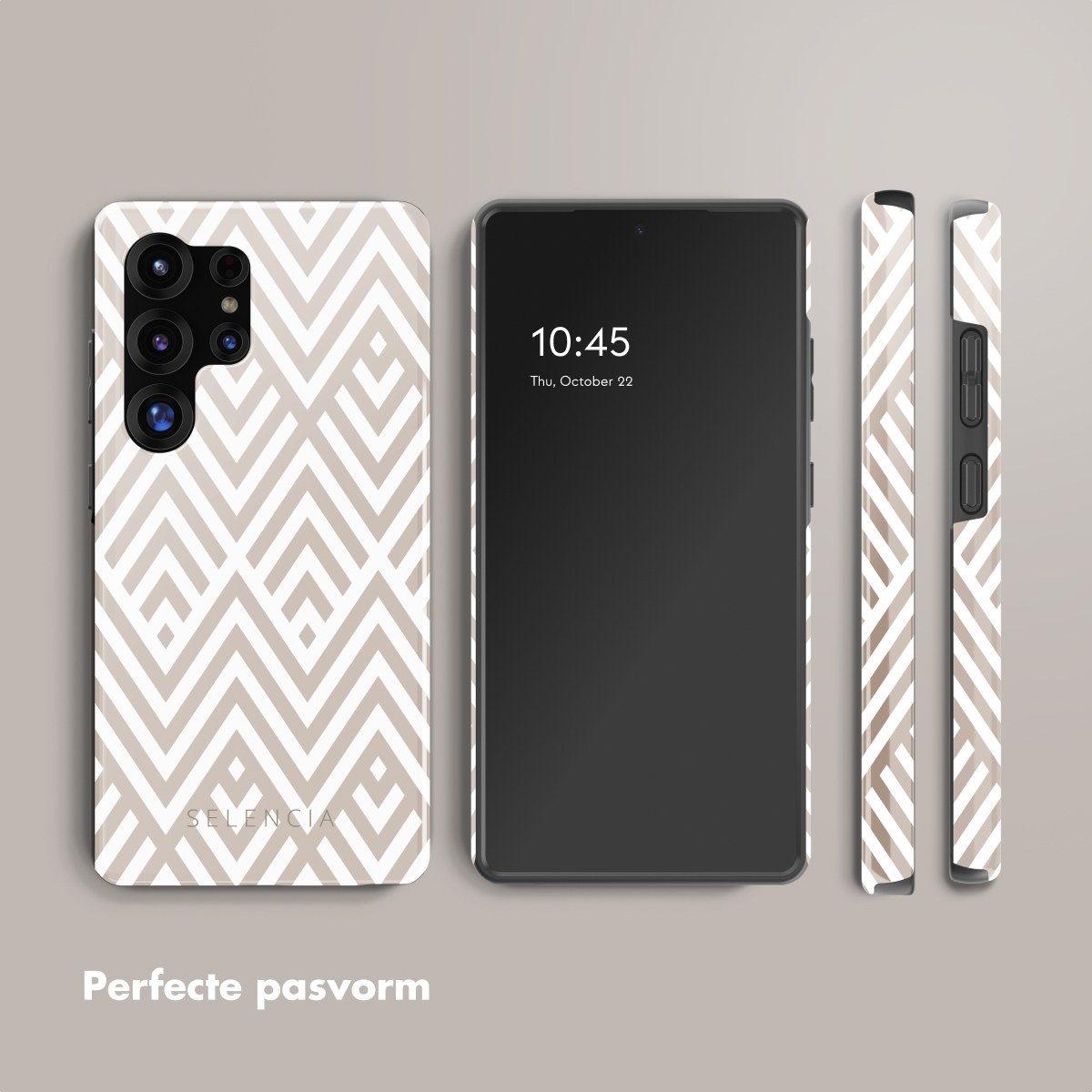 Een telefoon en bijpassende hoesjes met een wit geometrisch ontwerp. De telefoon toont de datum en tijd.
