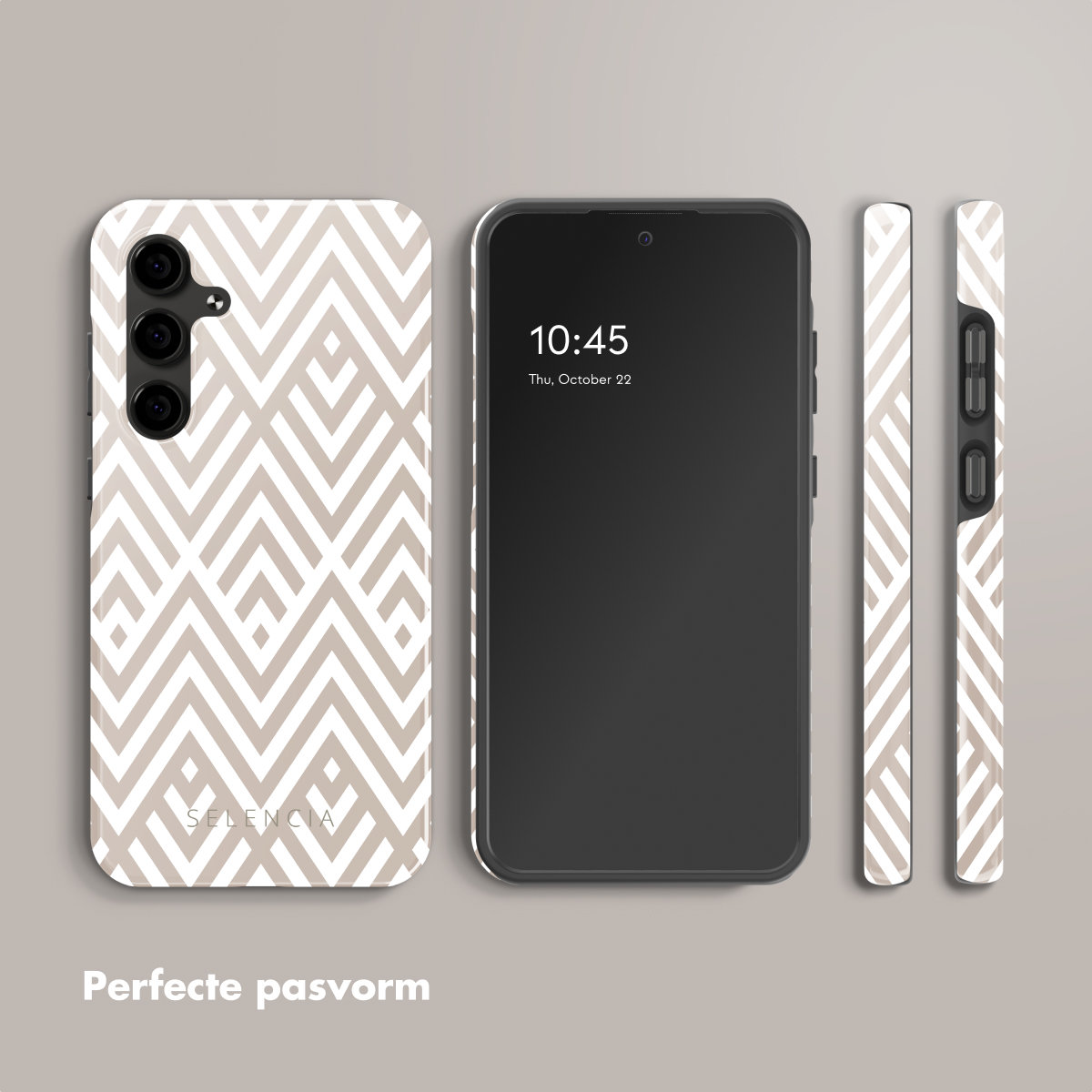 Telefoon en hoesjes met beige en wit geometrisch patroon. Telefoon toont 10:45, do, 22 oktober. Tekst luidt.