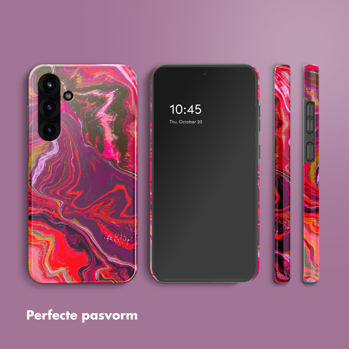 Telefoon en hoesjes met rood en paars abstract patroon. Telefoon toont 10:45, do, 22 oktober. Tekst luidt.